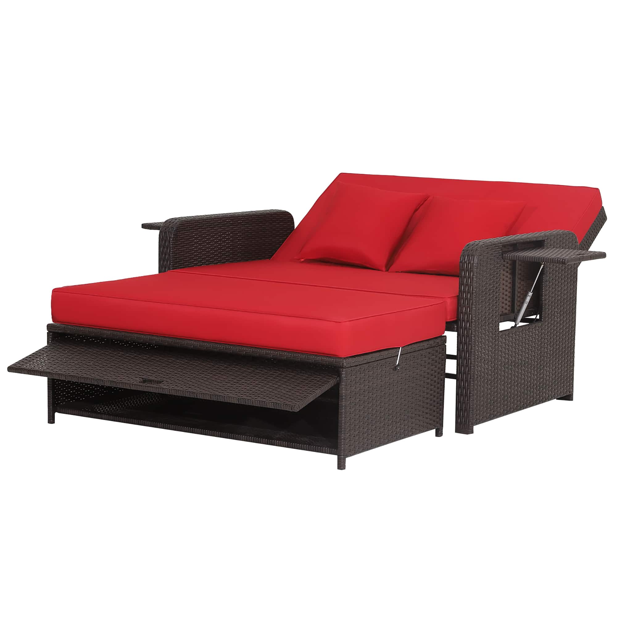 Gymax - Rattan Loveseat Set Daybed Lounge Storage Ottoman Side Tables Adjust Patio - Red