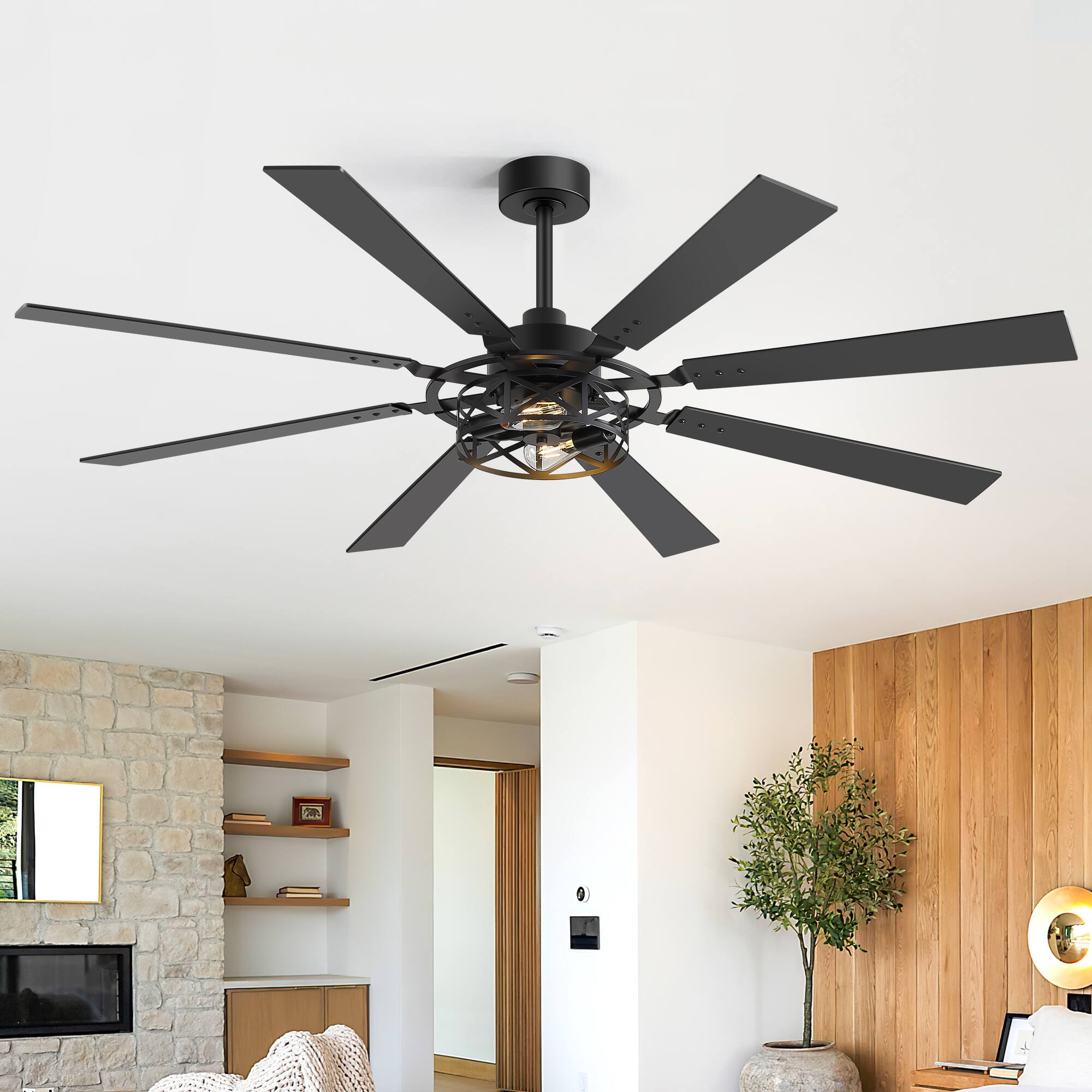 Alt View 8. Breezary - 65-Inch Traditional Ceiling Fan with Dual Bulb Light Kit, 8 Reversible Blades, DC Motor, 6 Speeds, Remote & Timer - Black and Walnut.