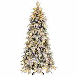 RYHNUYNE - 8FT Pre-Lit Slim Flocked Christmas Tree With 350 Warm LED Lights and 950 Tips, Metal Stand for Narrow Spaces - White