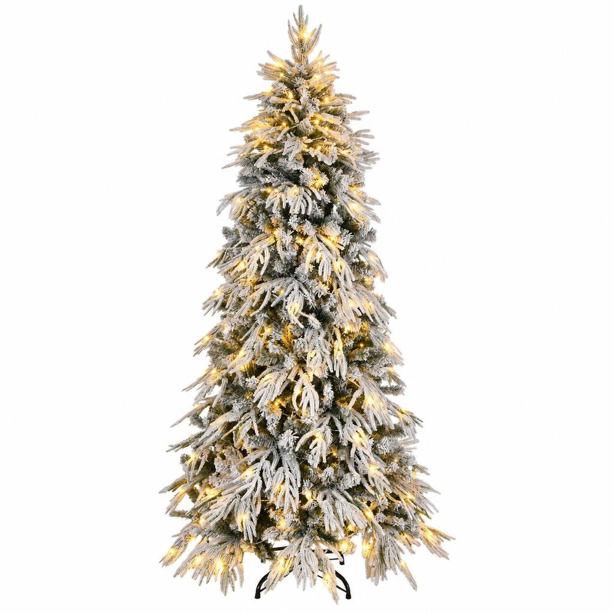 Front. RYHNUYNE - 8FT Pre-Lit Slim Flocked Christmas Tree With 350 Warm White LED Lights and 950 Tips, Metal Stand for Narrow Spaces - White.