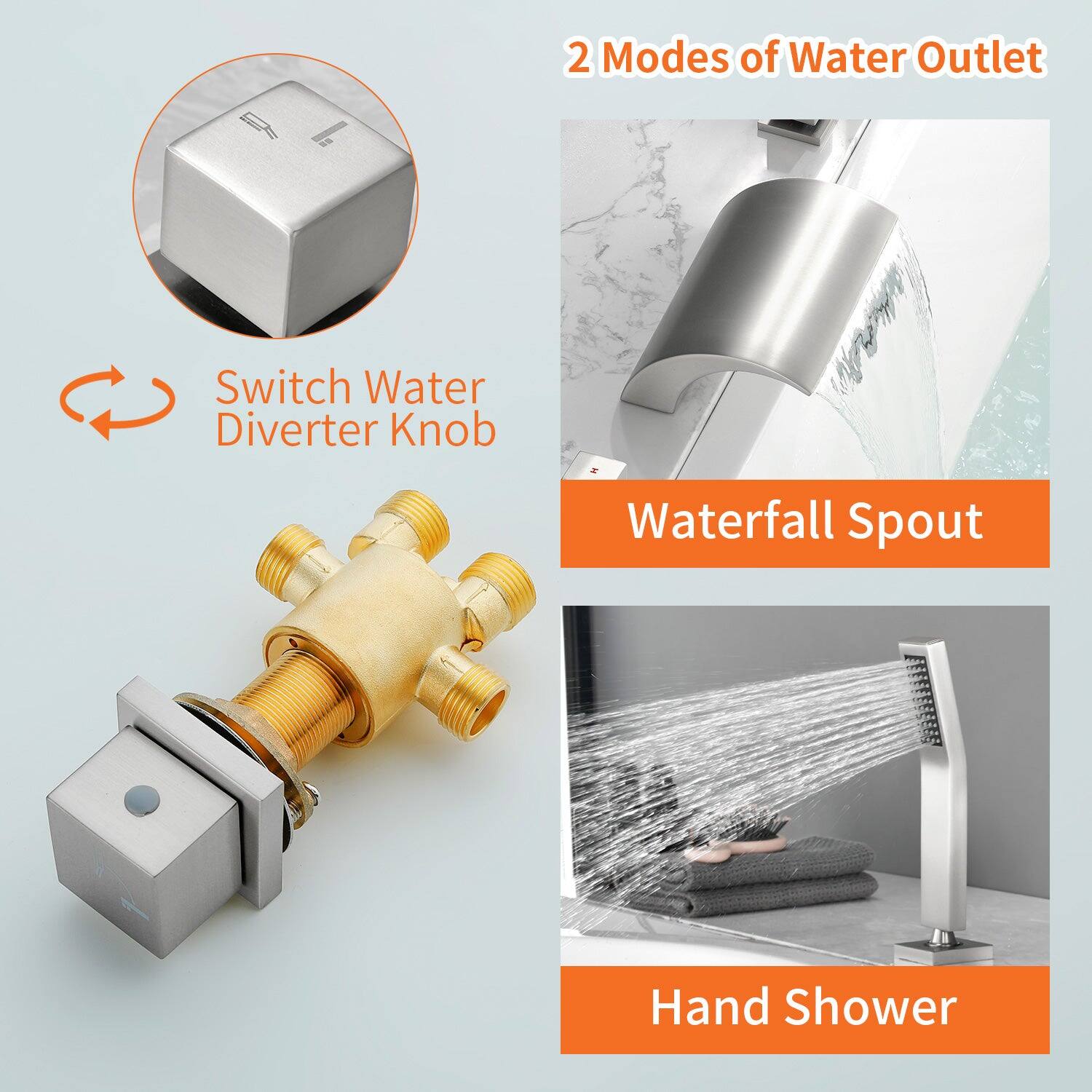 2 Modes of Water Outlet

Switch Water Diverter Knob

Waterfall Spout

Hand Shower