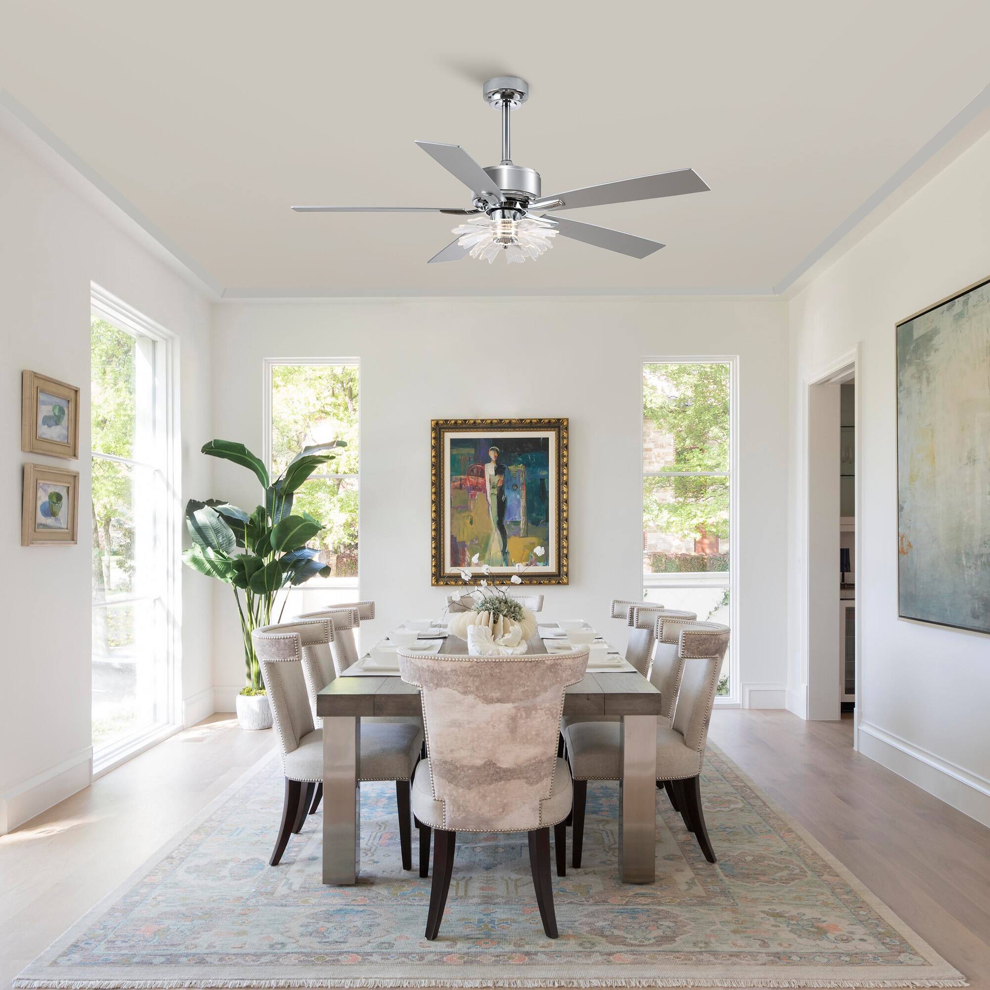 Left. Parrot Uncle - 52"Modern Chrome LED Ceiling Fan with Remote and Light Guide Plate Design - Chrome.