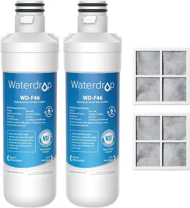 Waterdrop WD-F46
Replacement for: LG* filter LT T1000P
Replacement for LG* filter LT1000P
Operating specification:
Capacity: 200 gallons (757 litres)
Flow rate: 0.5 gpm (1.9 lpm)
Temperature: 30-100°F (0.6-38°C)
Pressure: 20-100 psi (140-689 kPa)
Filter life: 6 months or 200 gallons, whichever comes first for chlorine reduction.
Tested and Certified by NSF International Model EFF-60465
Tested and Certified by NSF International Model EFF-60465
Certified against NSF/ANSI Standard 42 for the reduction of chlorine taste and odor and to NSF/ANSI 372 and NSF/ANSI 372 for the reduction of lead (0.25 ppm).