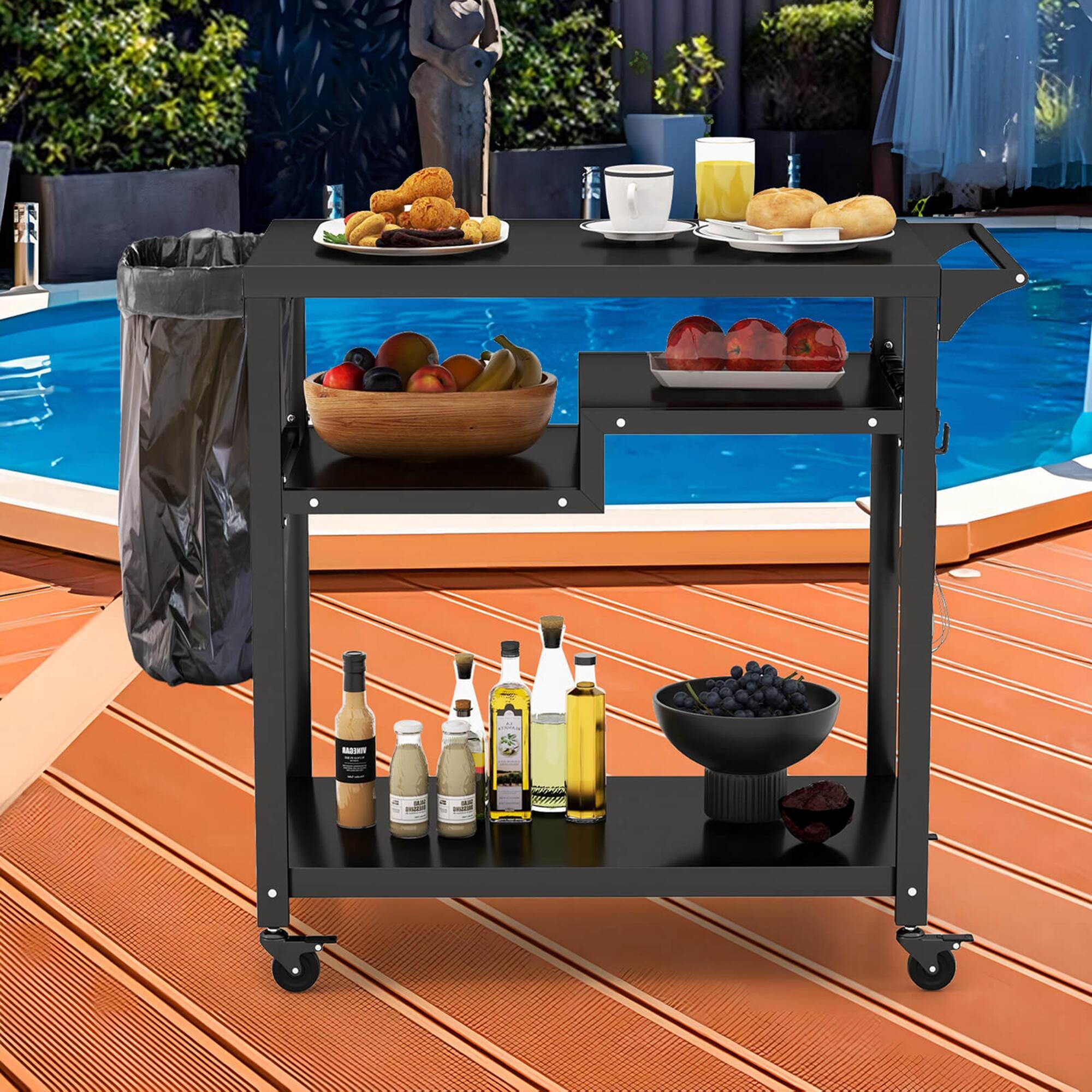 Alt View 4. Costway - Costway Rolling Grill Cart 3-Shelf BBQ Table Pizza Oven Stand with Trash Bag Holder & Hooks - Black.