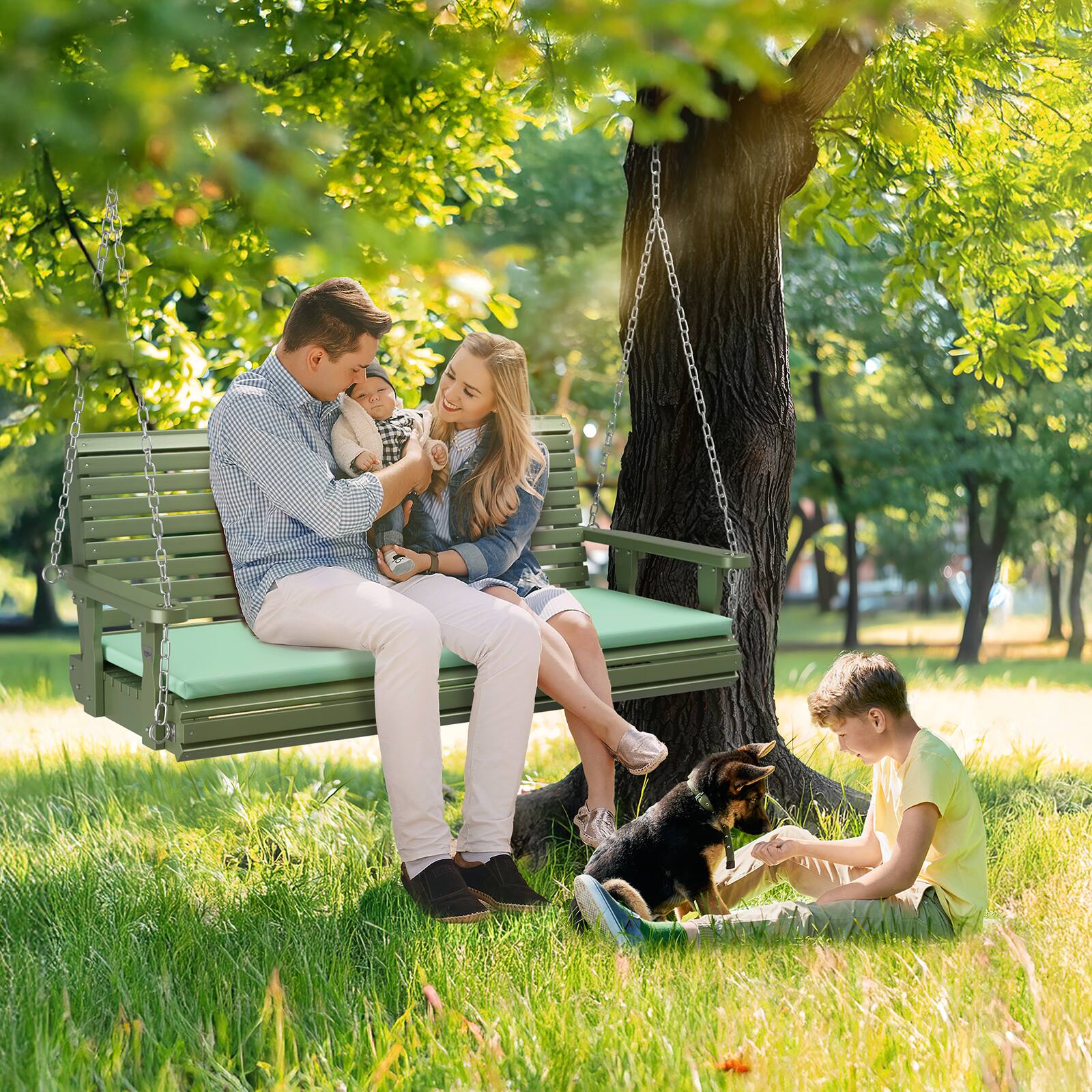 Alt View 6. Winado - 5 FT Wooden Porch Swing Bench Set with Cushion, Hanging Chains for Outdoor Garden - Olive Green.