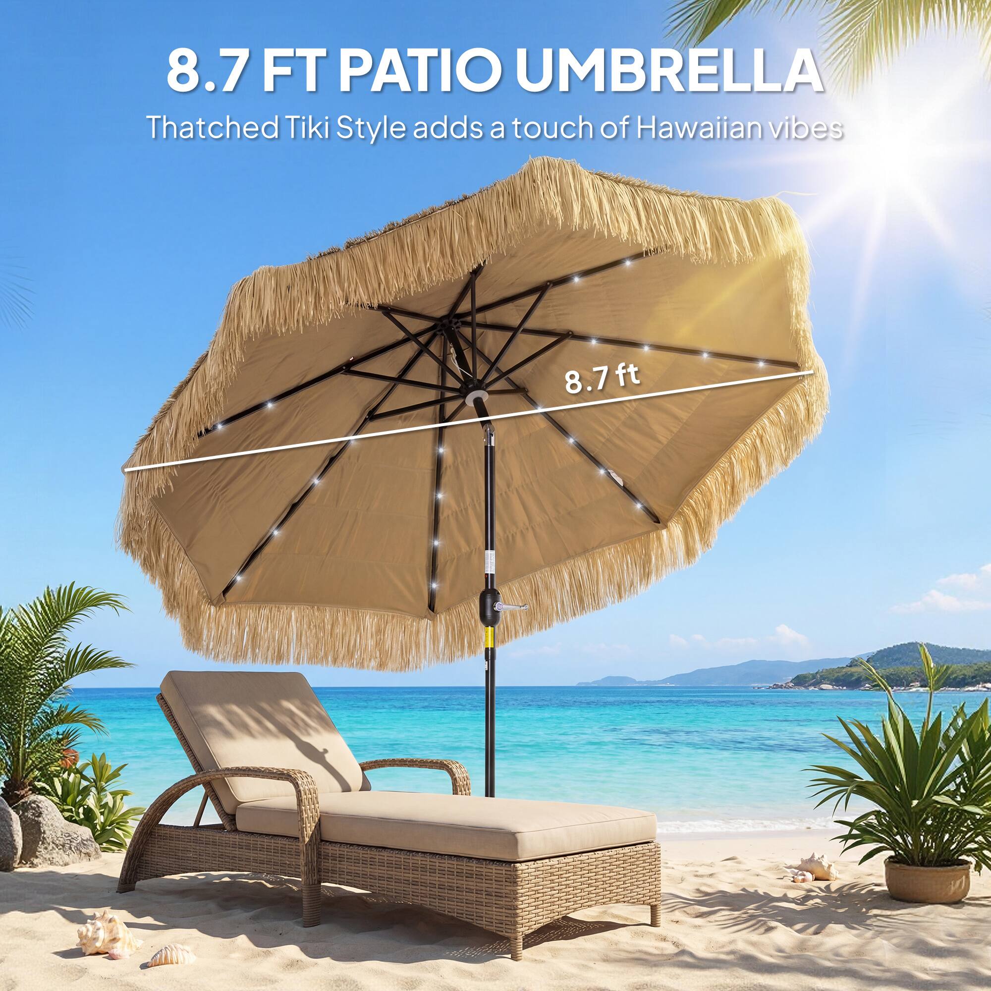 8.7 FT PATIO UMBRELLA  
Thatched Tiki Style adds a touch of Hawaiian vibes  
8.7 ft