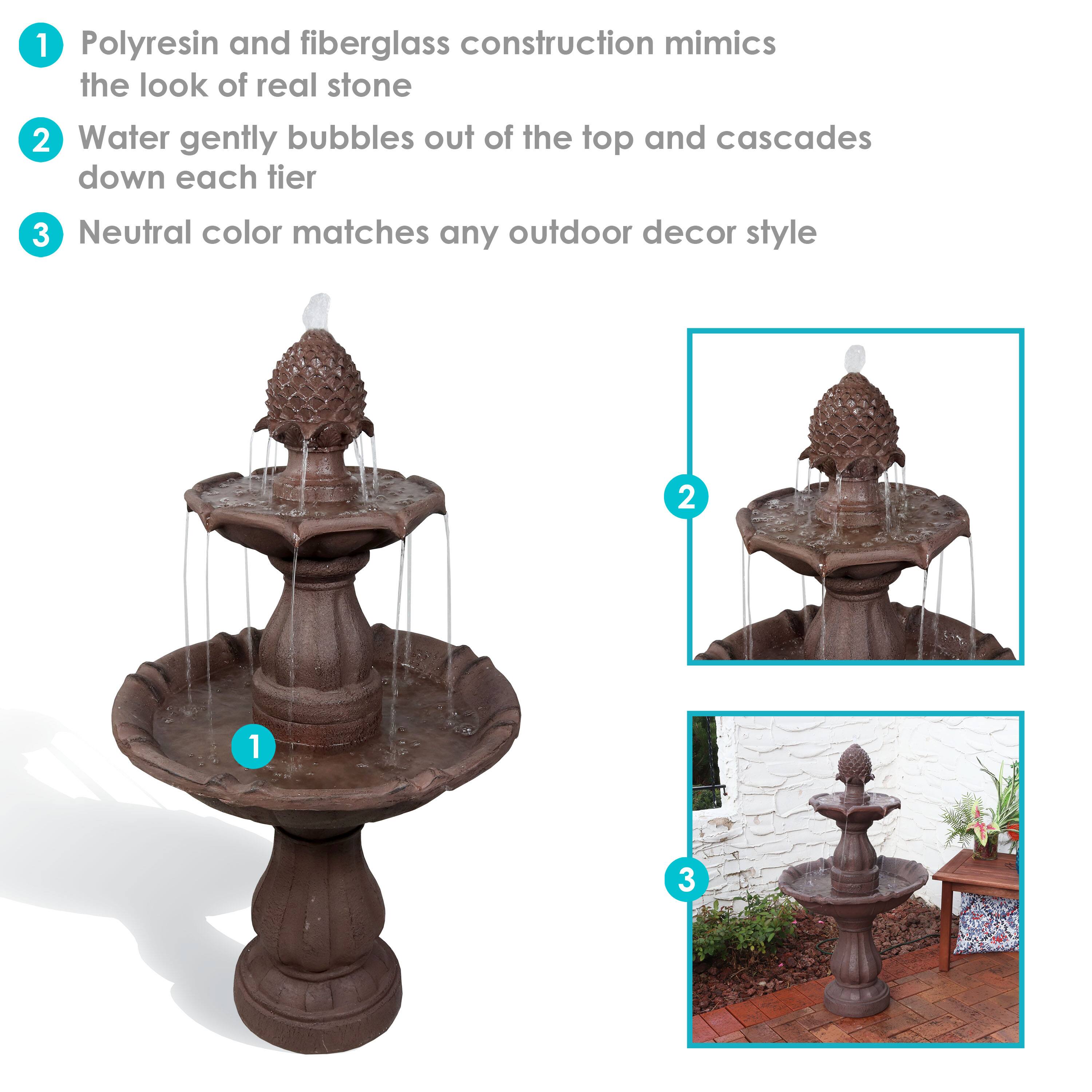 1. Polyresin and fiberglass construction mimics the look of real stone
2. Water gently bubbles out of the top and cascades down each tier
3. Neutral color matches any outdoor decor style