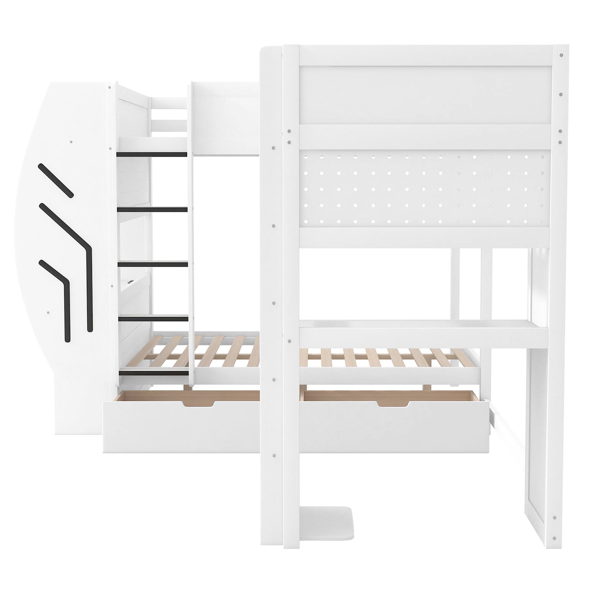 Alt View 1. Whisen - L-Shaped Full and Twin Size Gaming Bunk Bed with Built-in Desks,Storage,Pegboard,LED Light and Charging Station - White.