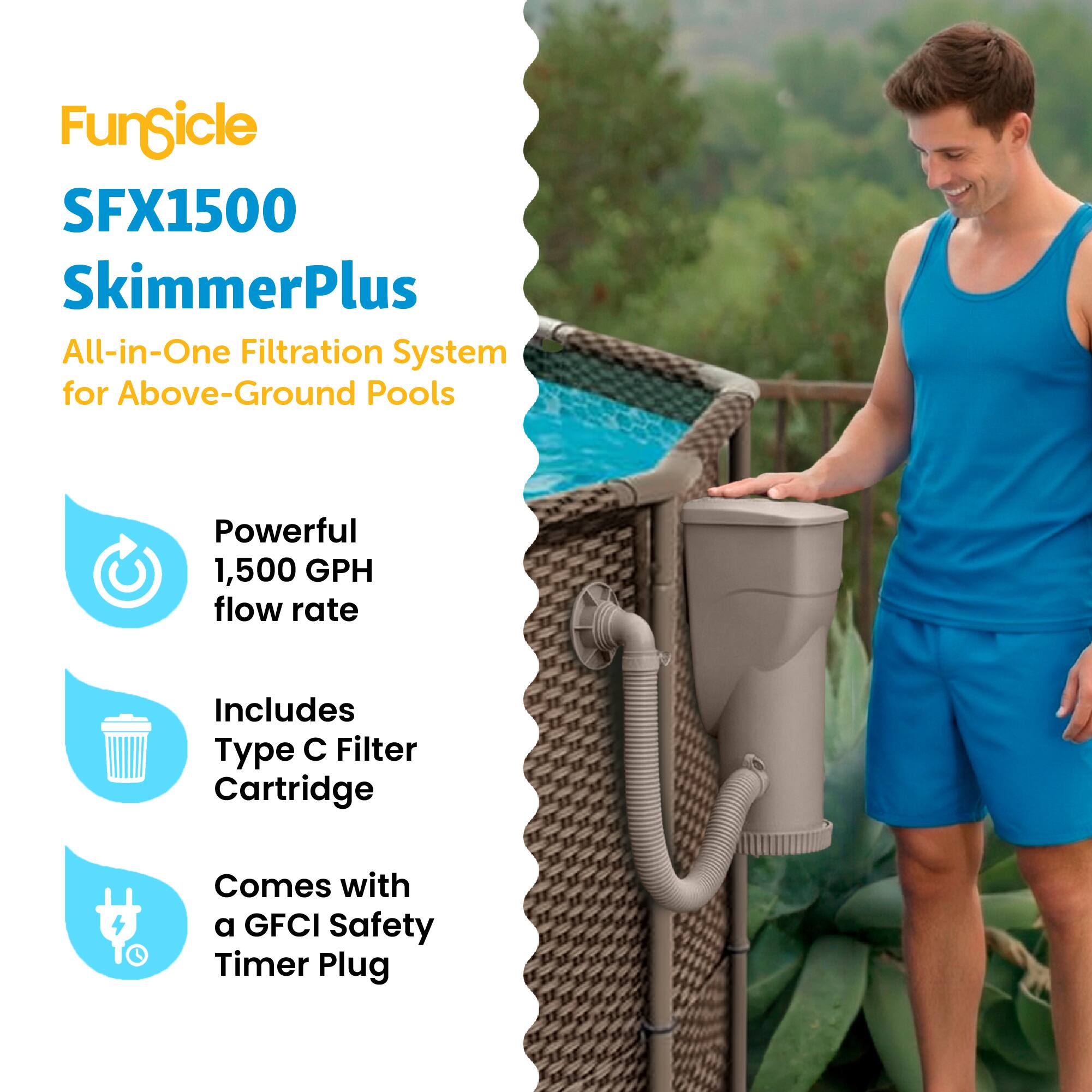 FunSicle SFX1500 SkimmerPlus All-in-One Filtration System for Above-Ground Pools Powerful 1,500 GPH flow rate Includes Type C Filter Cartridge Comes with a GFCI Safety Timer Plug