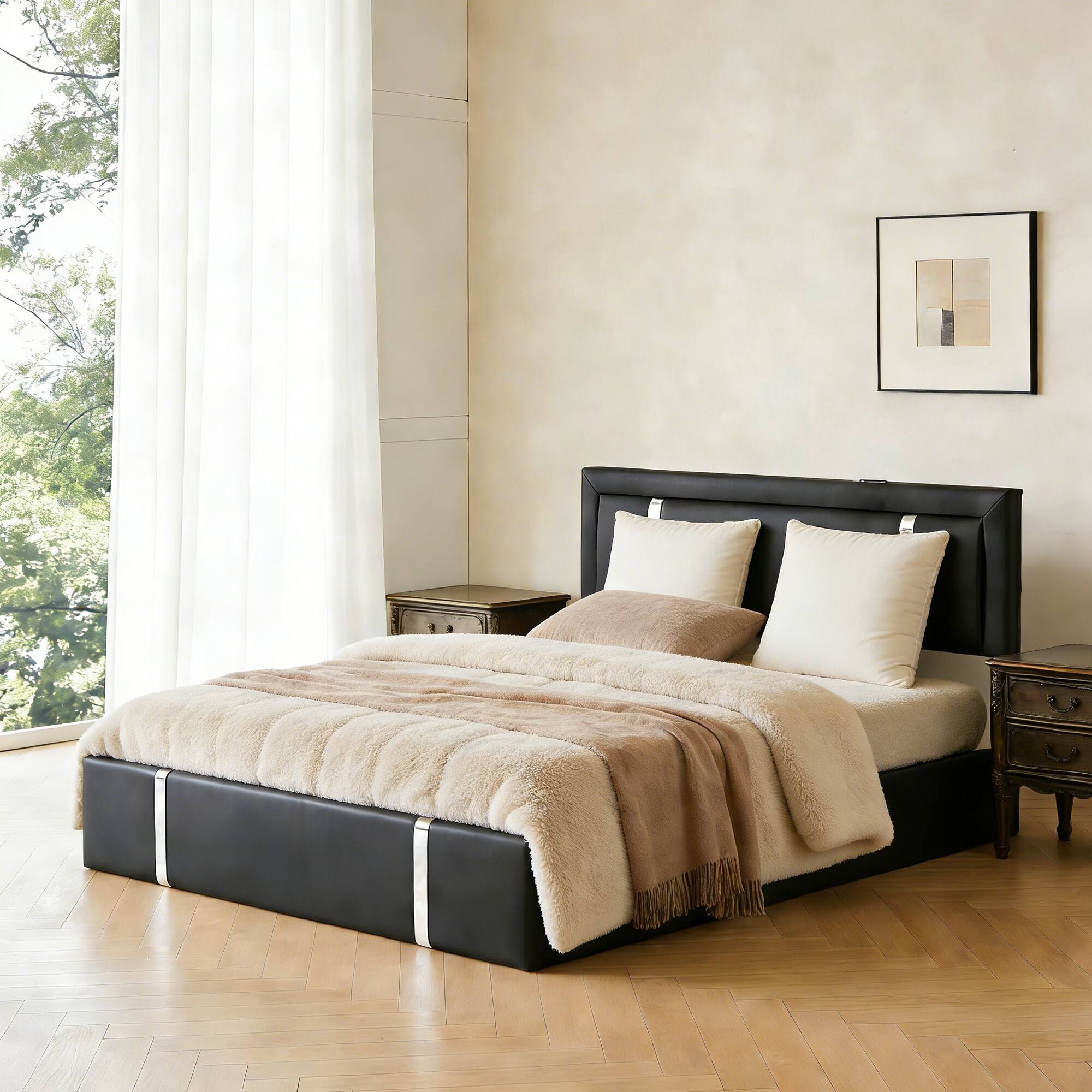Front. LUCKY ONE - Queen Size Lift Up Storage Bed Frame with Adjustable LED Lights Headboard, USB-C Charging Ports - Black.