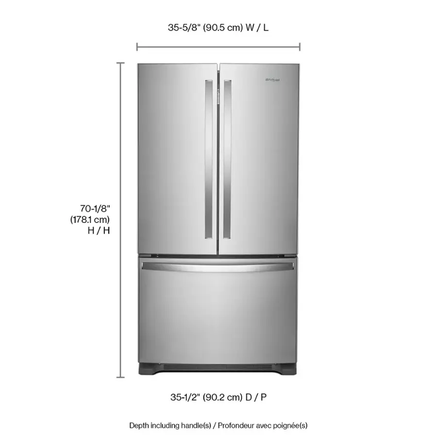 The text on the image reads: "35-5/8" (90.5 cm) W/L W / L Whtcow ad 70-1/8" (178.1 cm) H/H H / H 35-1/2" (90.2 cm) D/P D / P Depth including handle(s) / Profondeur avec poigne(s)". This text provides the dimensions of the refrigerator, including the depth with the handle(s).