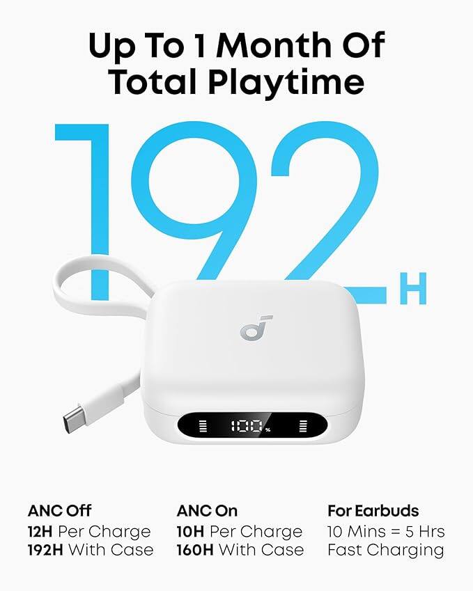 Up To 1 Month Of Total Playtime

192 H

ANC Off
12H Per Charge
192H With Case

ANC On
10H Per Charge
160H With Case

For Earbuds
10 Mins = 5 Hrs
Fast Charging