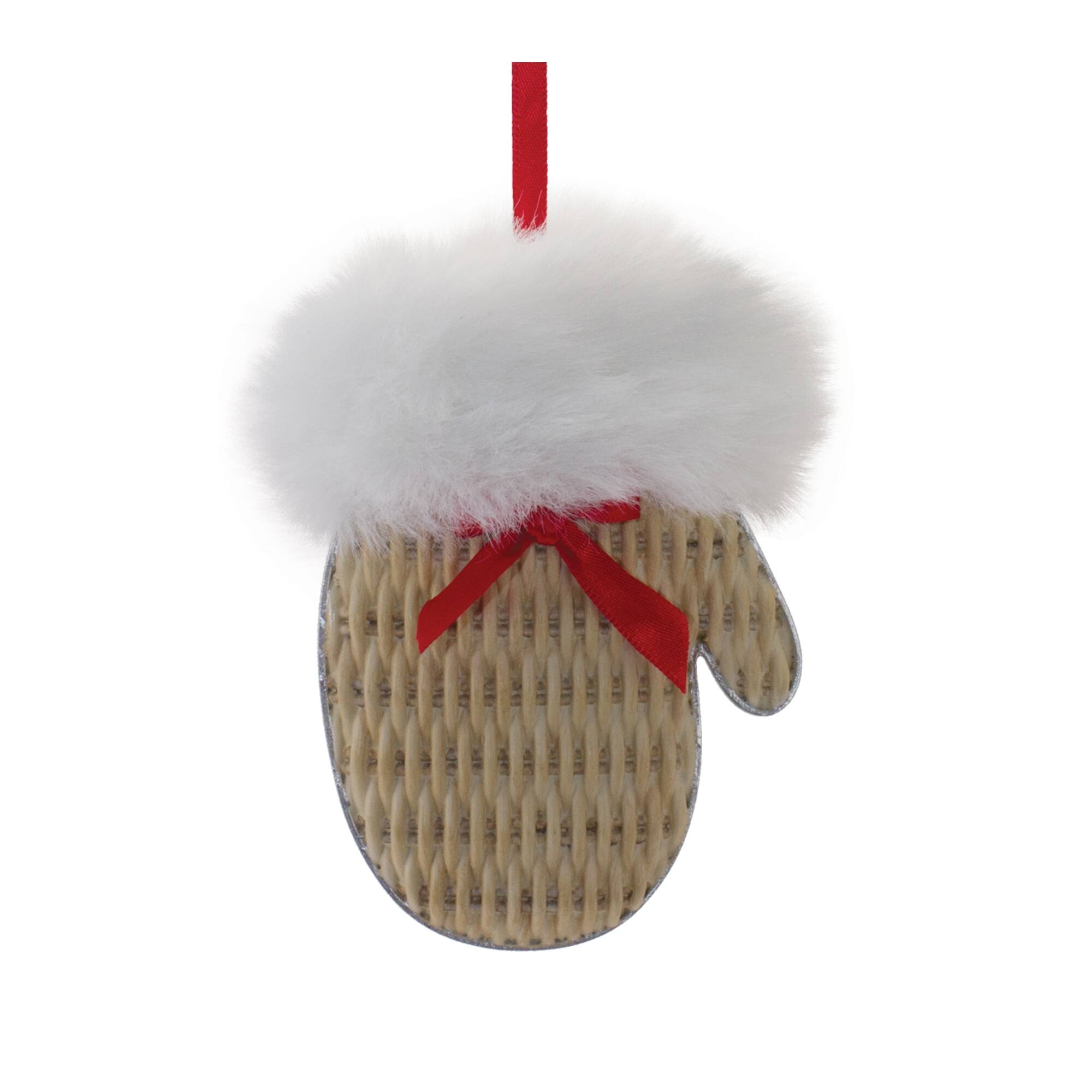 Left. BreeBe - Cozy Mitten Hat and Bell Ornament (Set of 12) - White,Brown,Red.