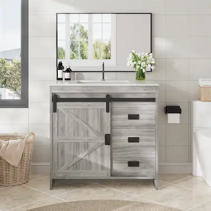 Front. U-HOMY - Farmhouse Bathroom Vanity with Ceramic Top and Sliding Barn Door, Rustic Single Sink Cabinet with Storage - 36".