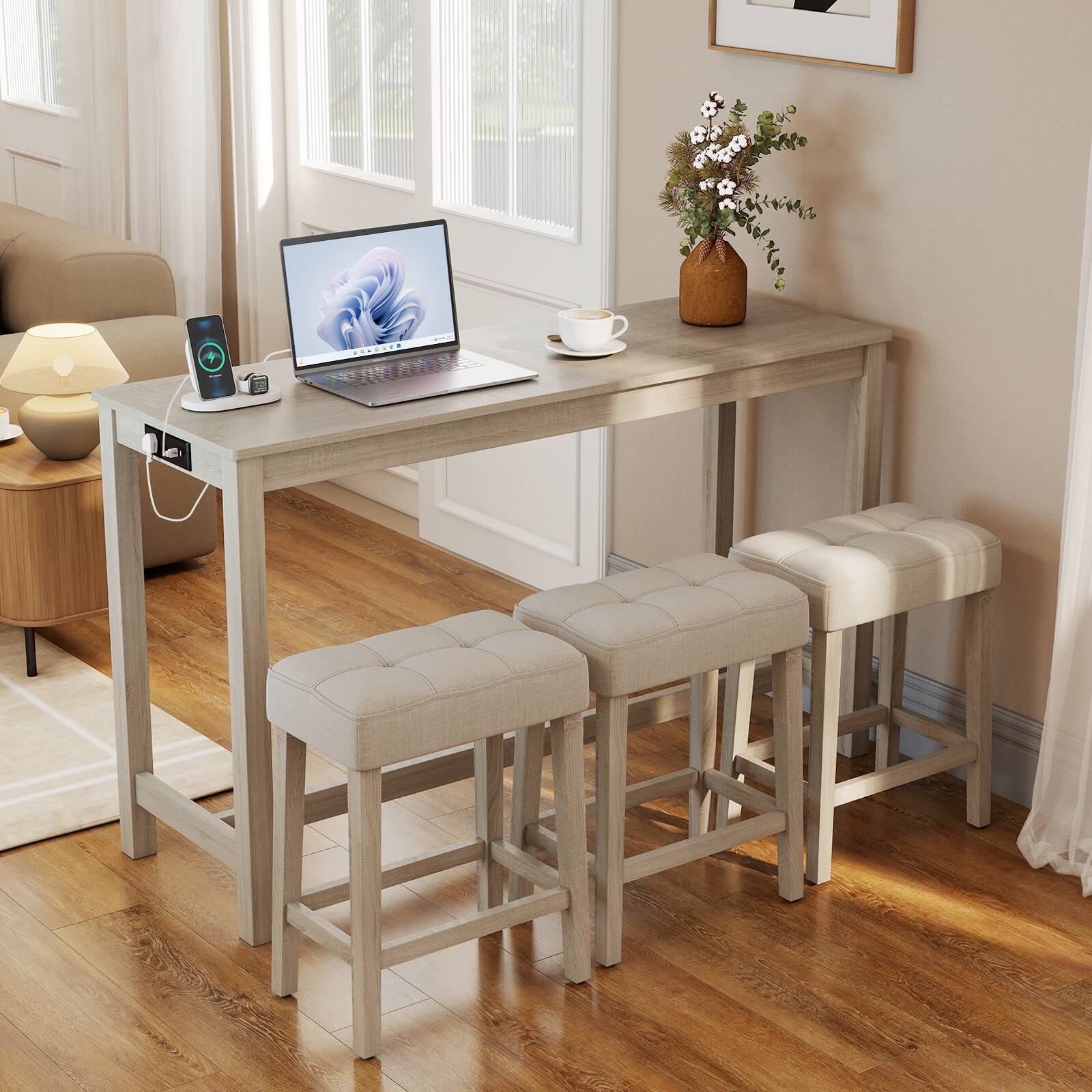 Alt View 1. Gymax - Gymax 4PCS Bar Table Set w/Charging Station 3 Padded Stools for Living Room Kitchen - Grey.