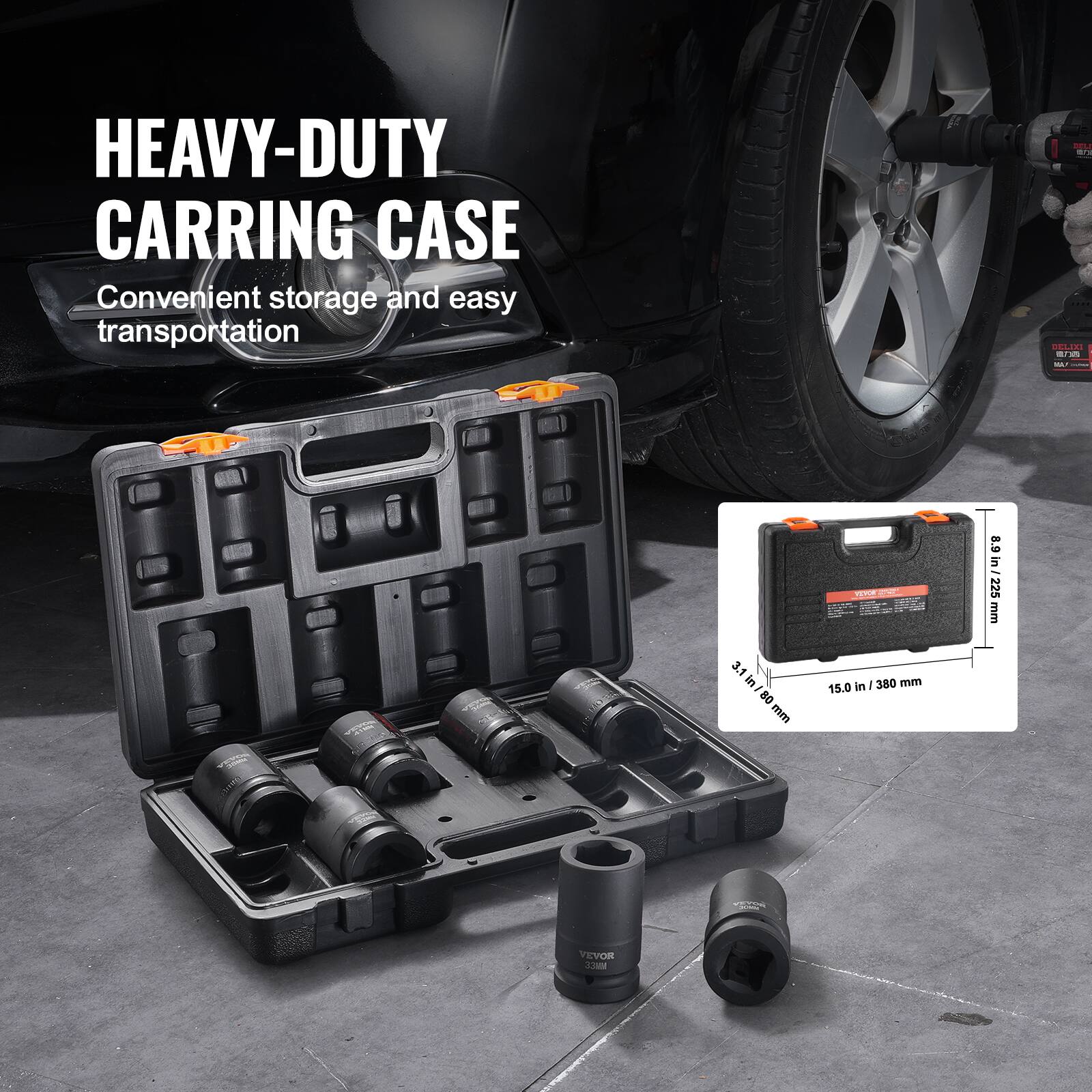HEAVY-DUTY CARRING CASE Convenient storage and easy transportation

A - 8.9 in - 225 mm
B - 3.1 in/ 80 mm
C - 15.0 in/ 380 mm
D - VEVOR 23MM