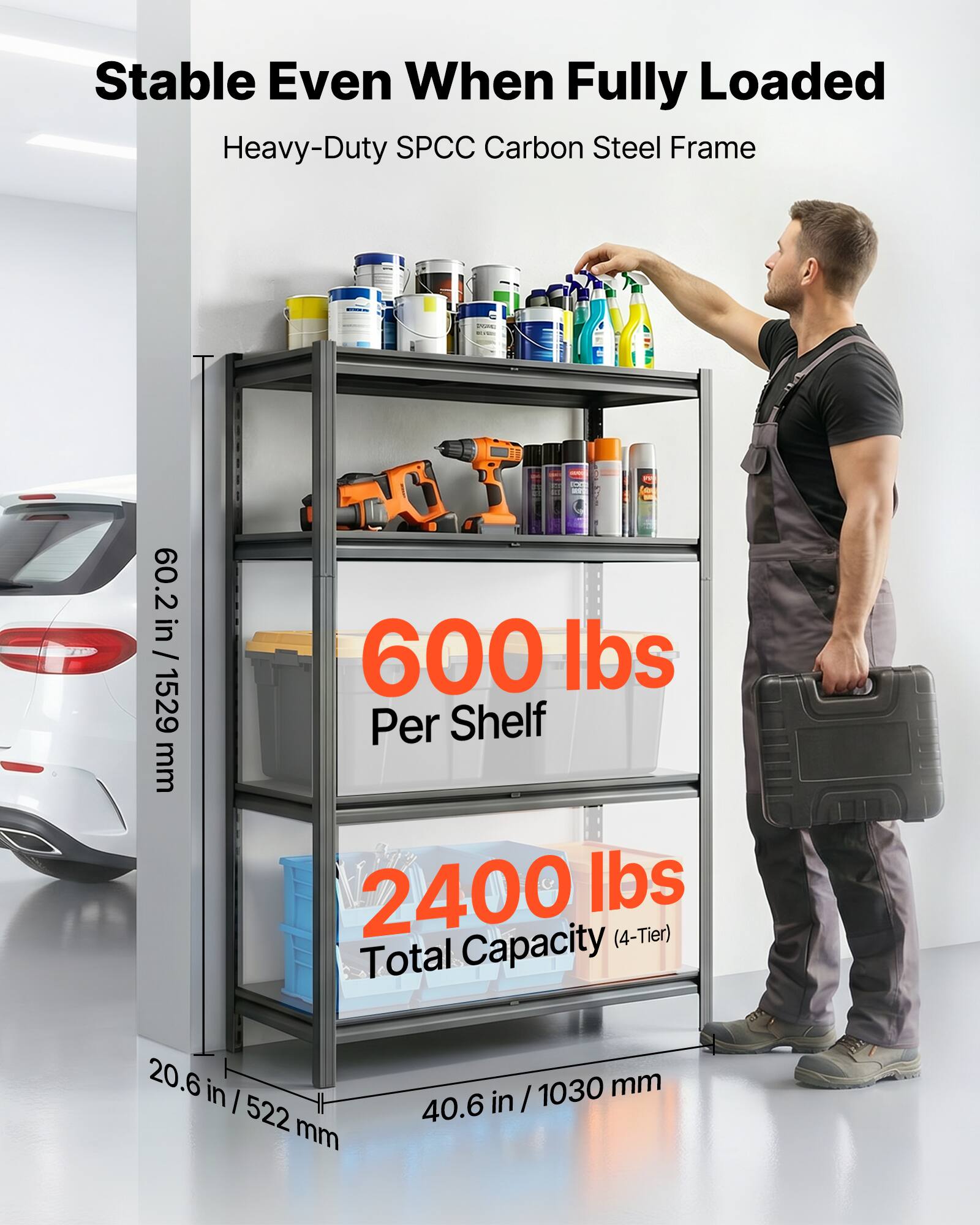 Stable Even When Fully Loaded  
Heavy-Duty SPCC Carbon Steel Frame  
60.2 in / 1529 mm  
600 lbs Per Shelf  
2400 lbs Total Capacity (4-Tier)  
20.6 in / 522 mm  
40.6 in / 1030 mm