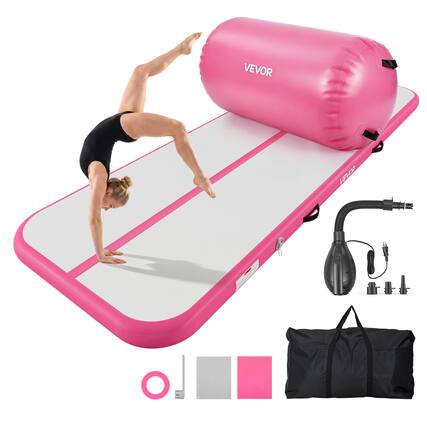 Front. VEVOR - Inflatable Gymnastics Air Mat with Air Barrel 10 ft Training Mats, 4 inches Thick Sturdy Tumble Track with Electric Pump - Pink.