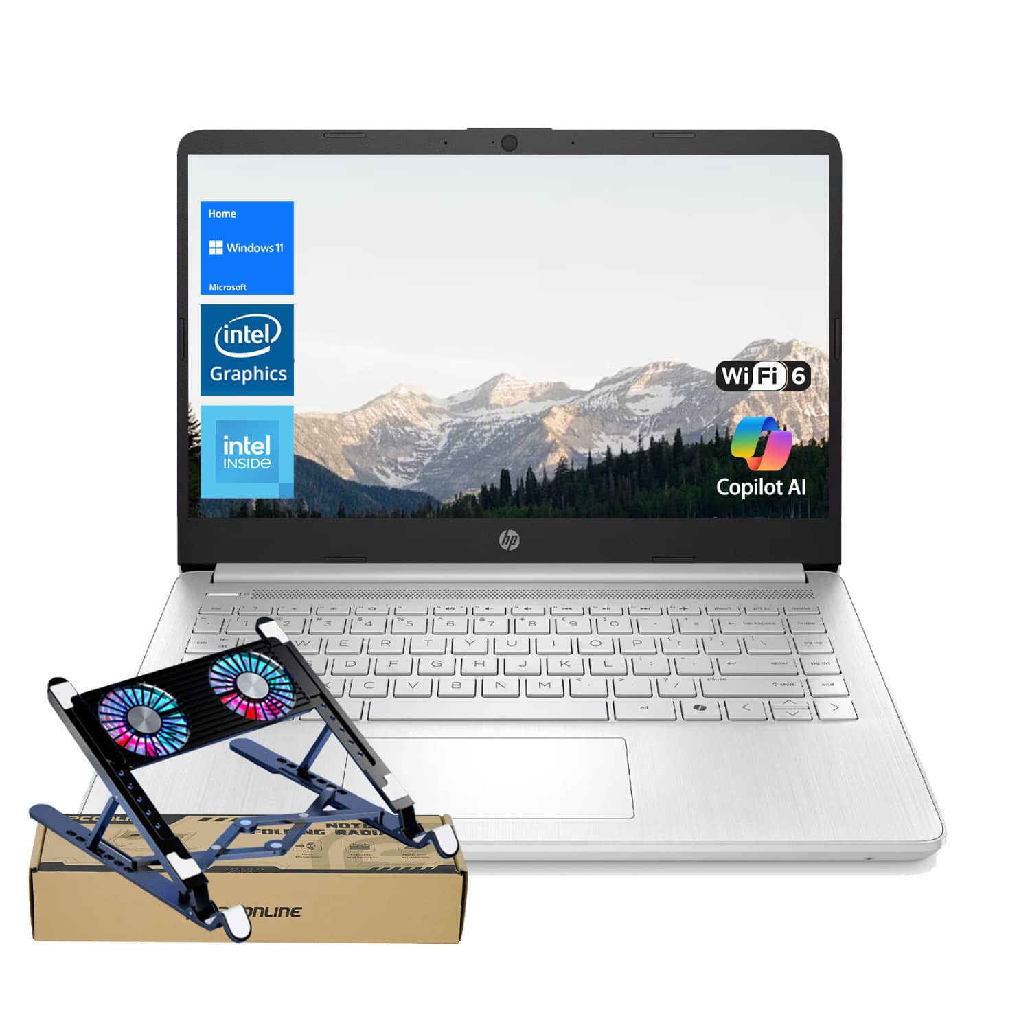 HP - 14" HD Laptop - Intel N-Series N150 with 8GB RAM - 128GB eMMC - Copilot - PCO Laptop Cooler - Silver