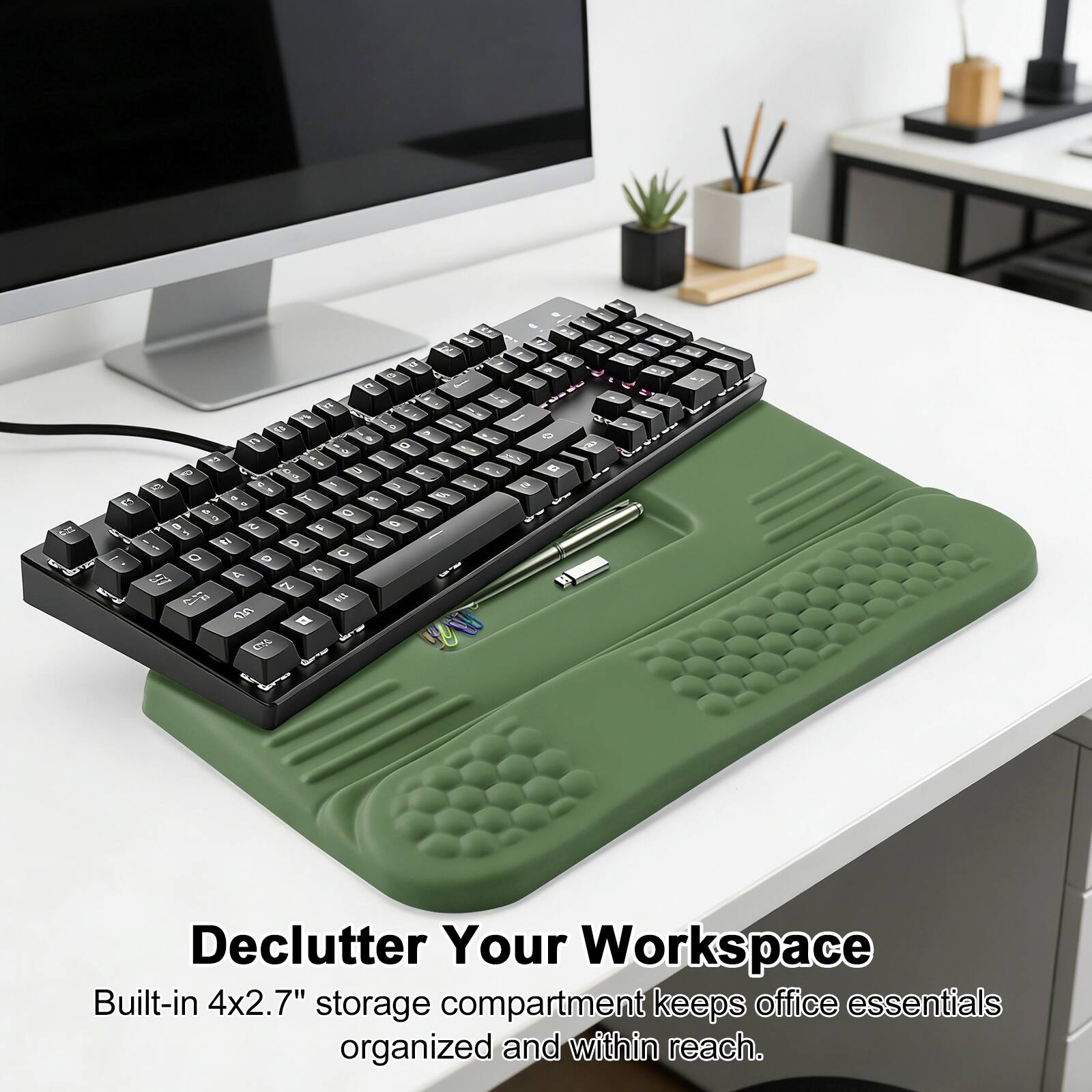 Declutter Your Workspace  
Built-in 4x2.7" storage compartment keeps office essentials organized and within reach.