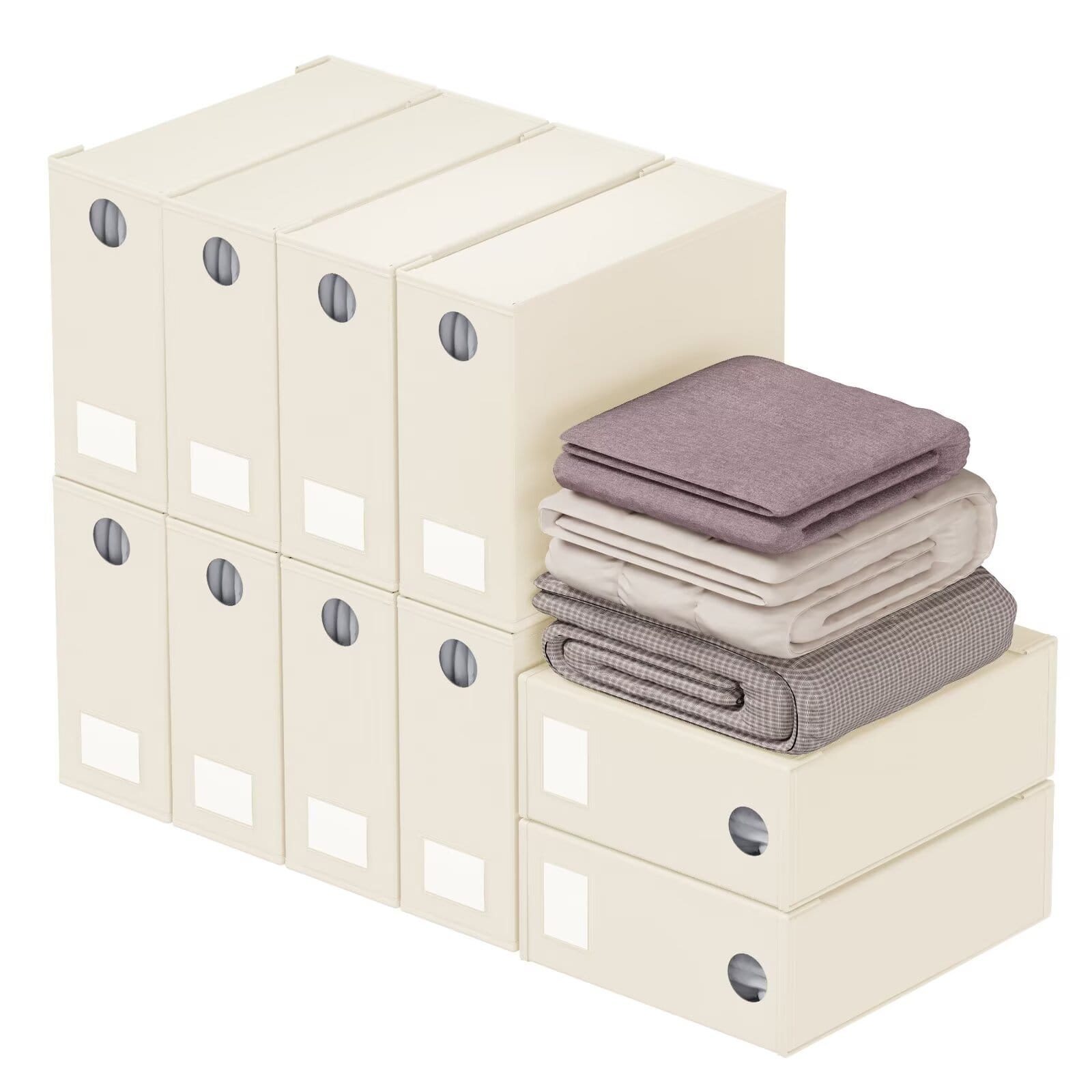 Tooloton - Bed Sheet Organizers 10 Pack, Linen Closet Storage with Window, Queen King Size Bedding Container - Beige