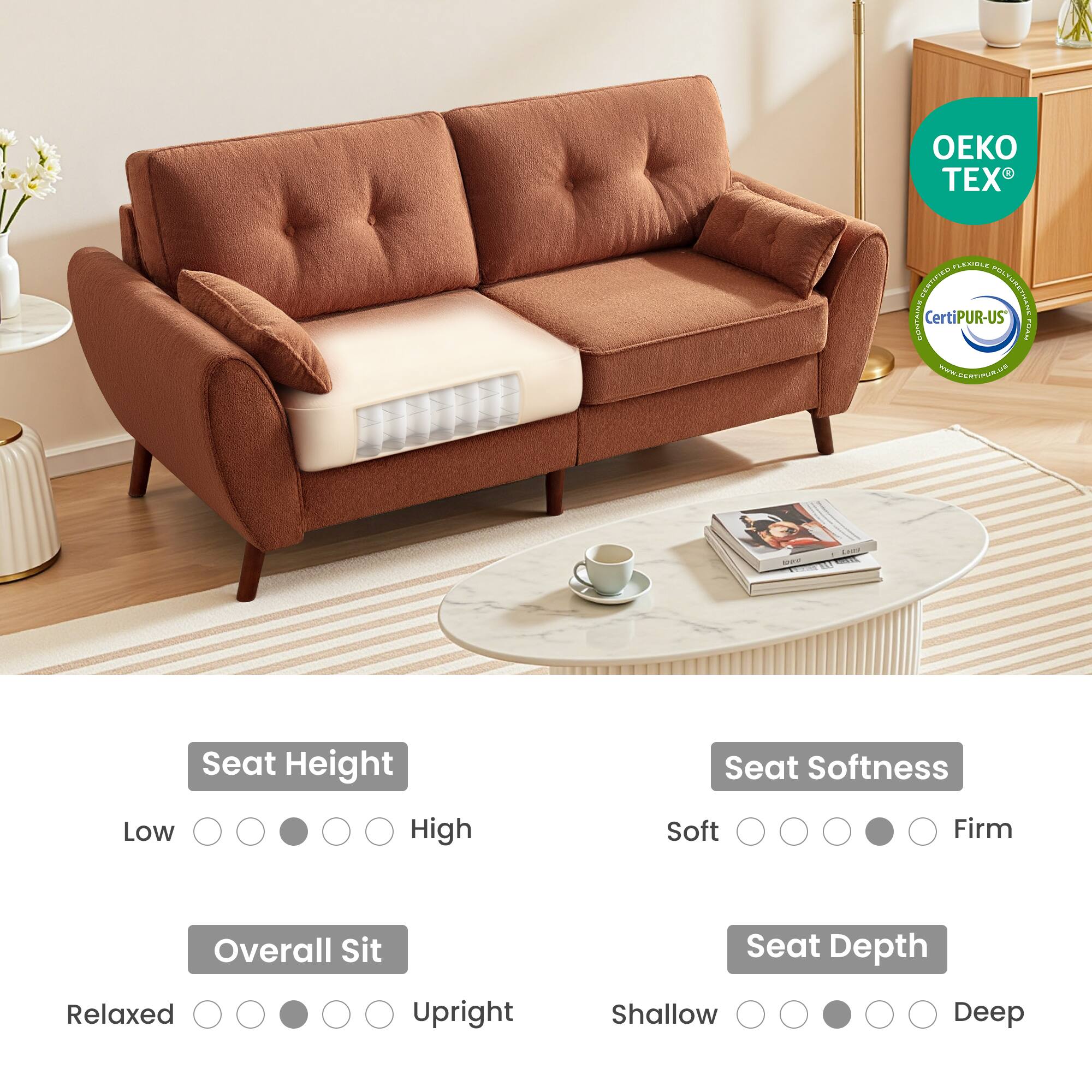 - Seat Height: Low to High
- Overall Sit: Relaxed to Upright
- Seat Softness: Soft to Firm
- Seat Depth: Shallow to Deep