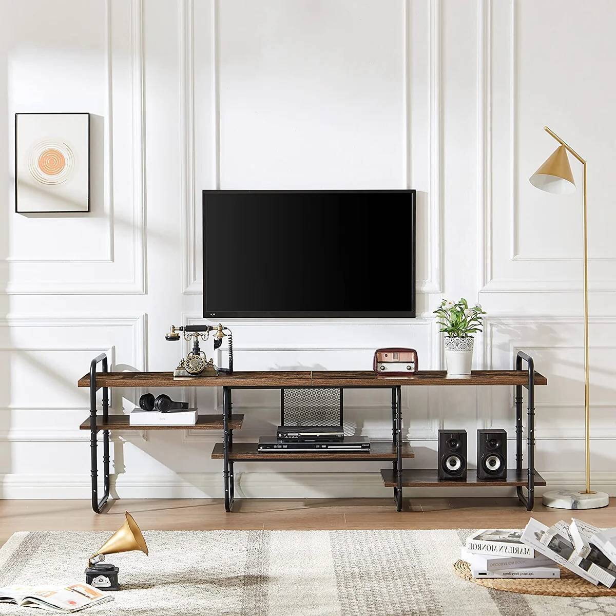 Hivvago- Modern Metal Wood Industrial Entertainment Center TV Stand for TV up to 65-inch- Brown