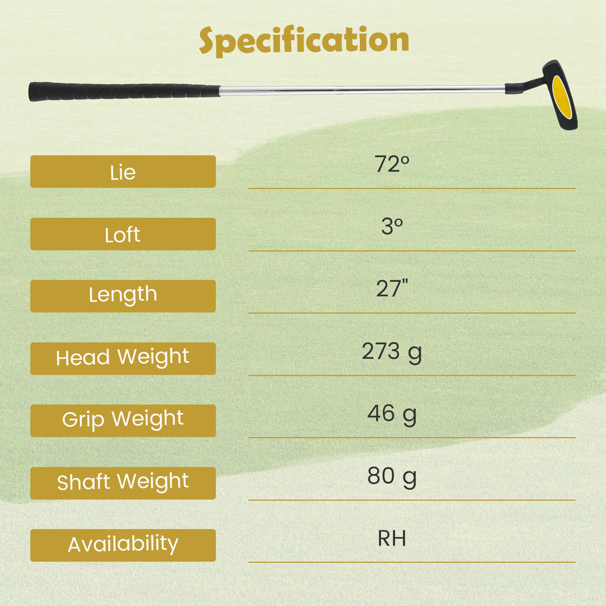 Specification

- Lie: 72°
- Loft: 3°
- Length: 27"
- Head Weight: 273 g
- Grip Weight: 46 g
- Shaft Weight: 80 g
- Availability: RH