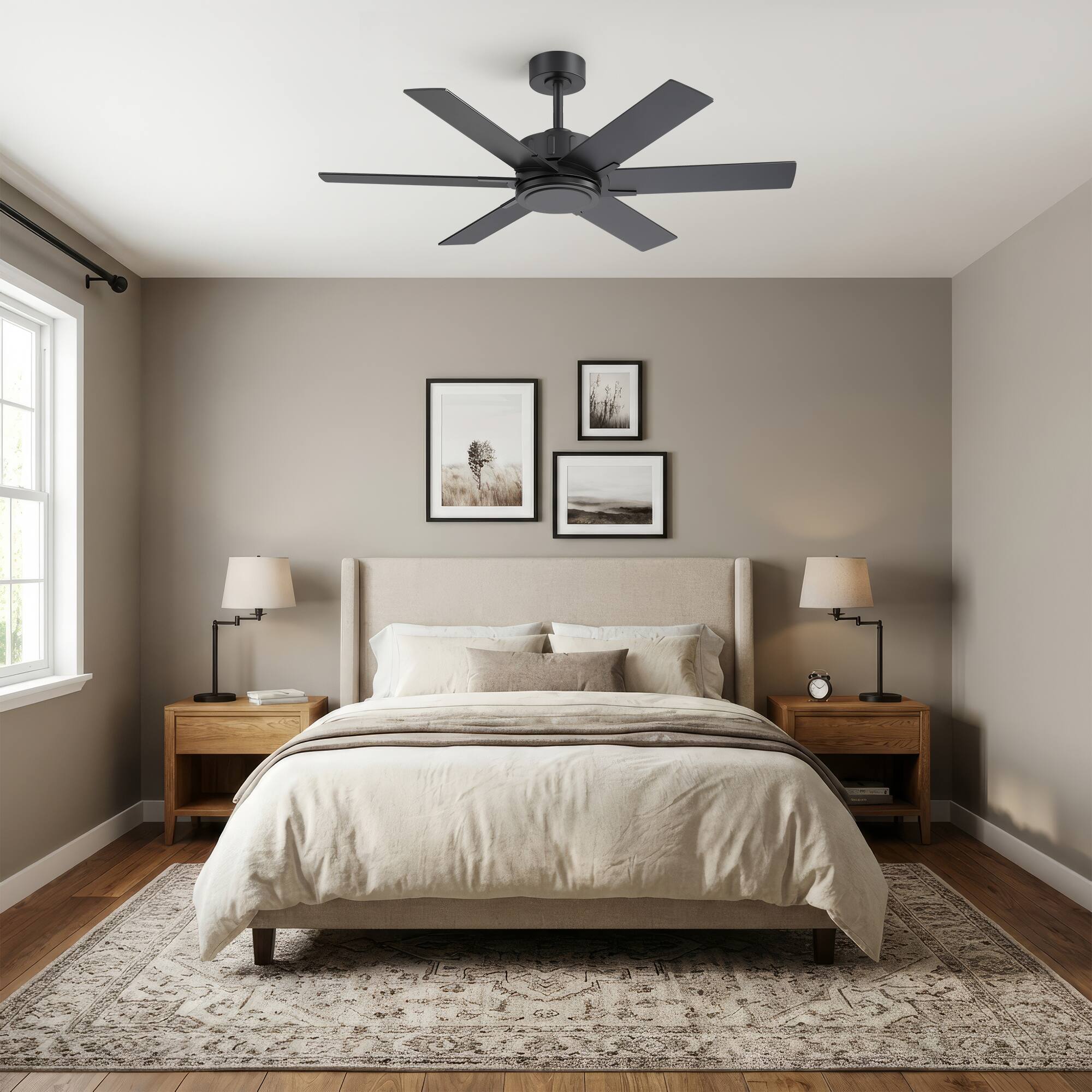 Alt View 1. Breezary - 48-Inch Modern Versatile Ceiling Fan with 6 Plywood Blades, DC Motor, 6-Speed Remote, Timer, Downrod Mount - 48-Inch Black and Walnut.