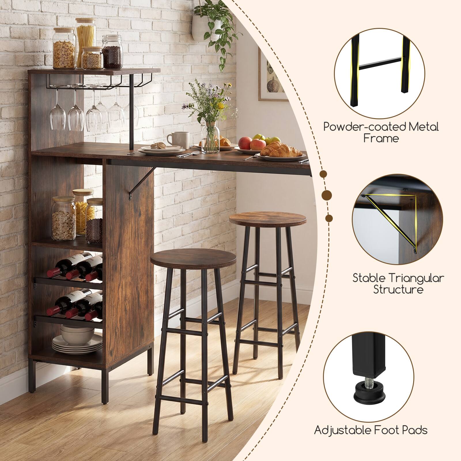 - Powder-coated Metal Frame
- Stable Triangular Structure
- Adjustable Foot Pads