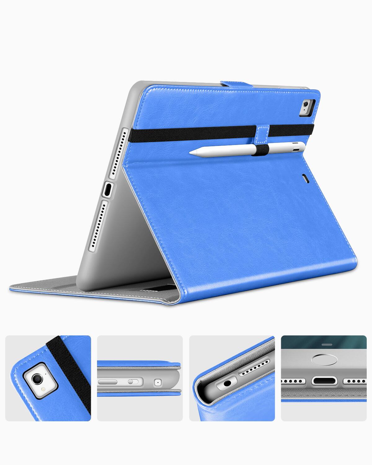Left. DTTO - for iPad 9.7 Inch 5th/6th Gen 2018/2017 Case with Apple Pencil Holder, Premium Leather Folio Stand Cover Case - Royal Blue.