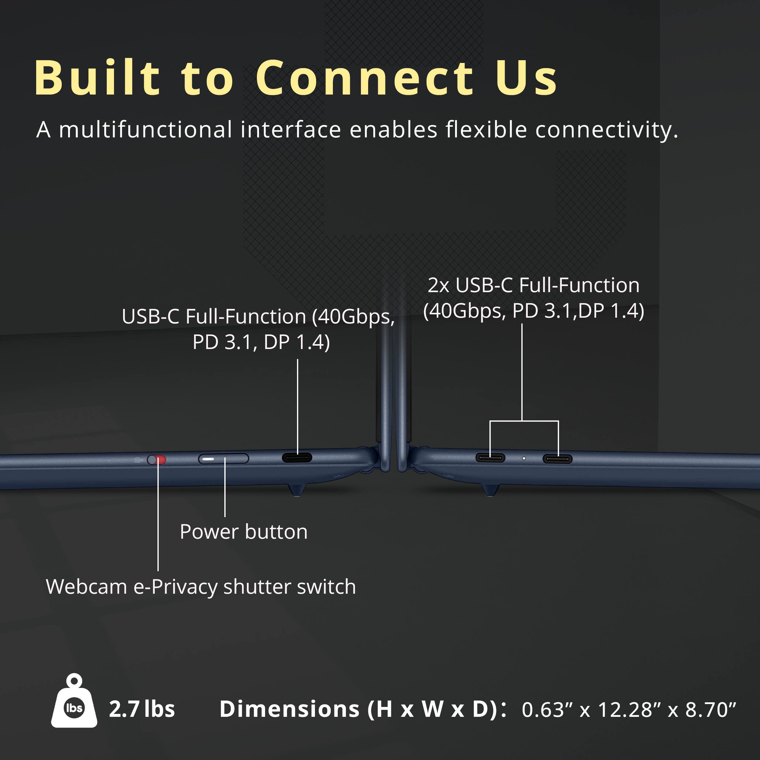 Built to Connect Us  
A multifunctional interface enables flexible connectivity.  

2x USB-C Full-Function (40Gbps, PD 3.1, DP 1.4)  
Power button  
Webcam e-Privacy shutter switch  

2.7 lbs  
Dimensions (H x W x D): 0.63" x 12.28" x 8.70"