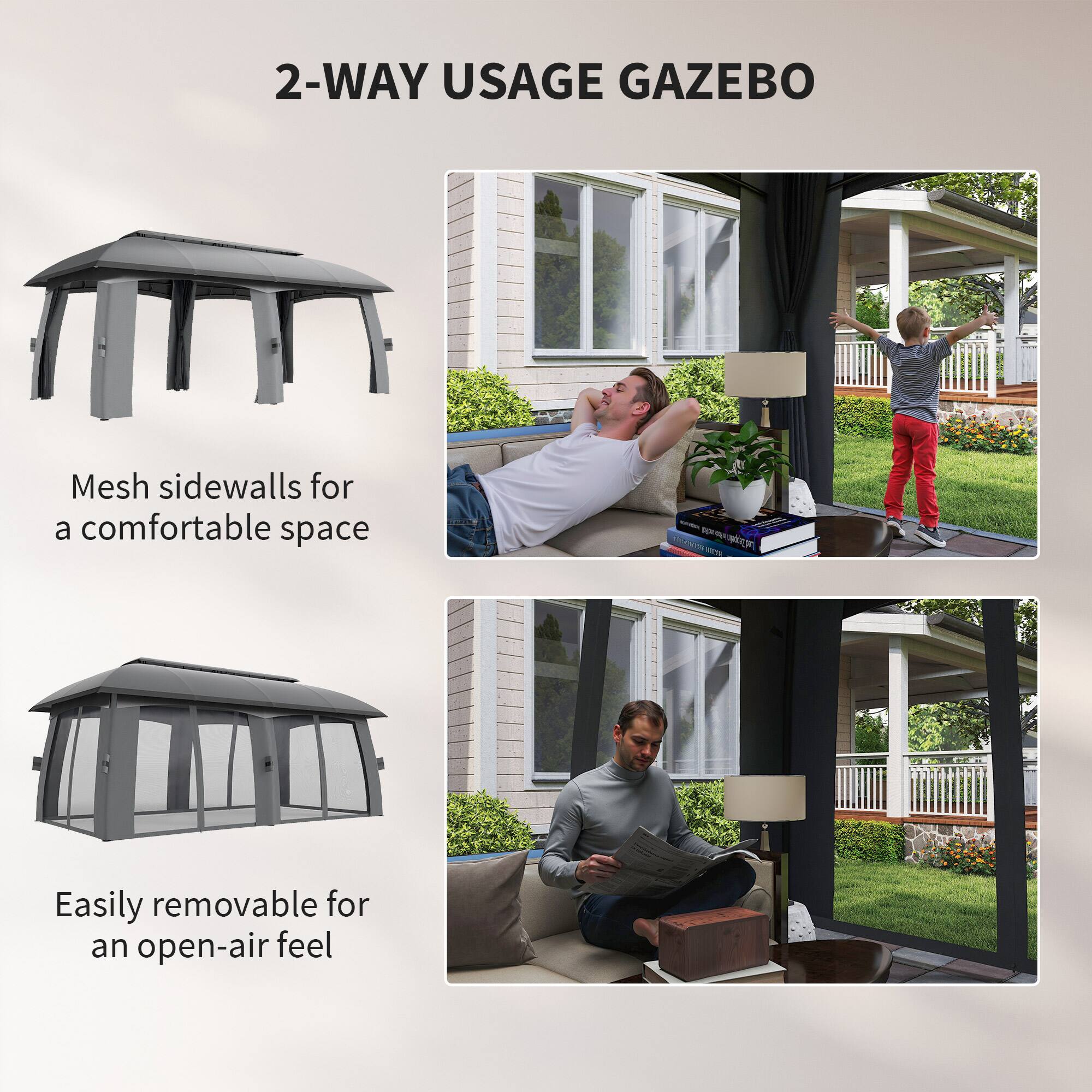2-WAY USAGE GAZEBO
Mesh sidewalls for a comfortable space
Easily removable for an open-air feel