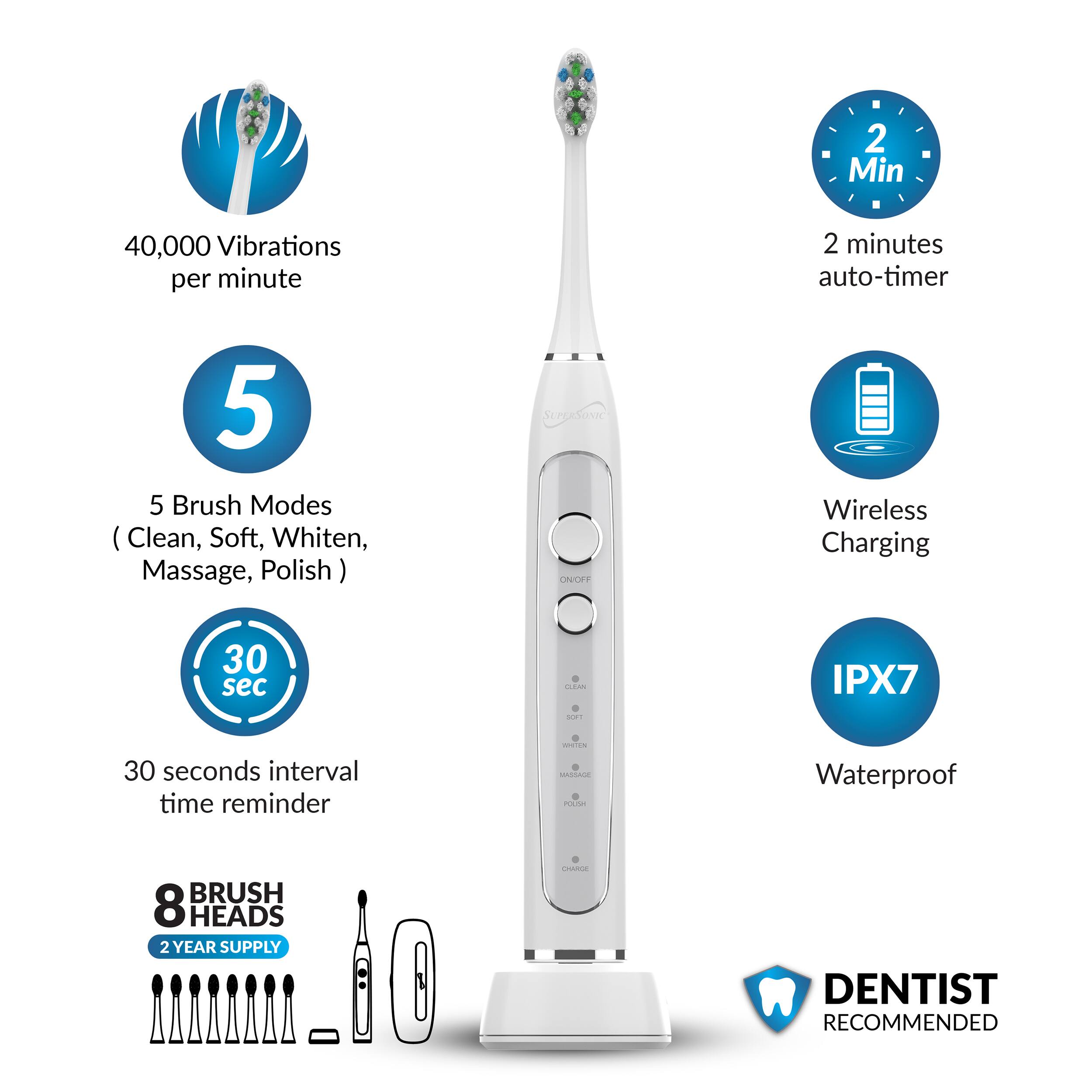 2 Min 40,000 Vibrations per minute  
2 minutes auto-timer  
5 Brush Modes (Clean, Soft, Whiten, Massage, Polish)  
Wireless Charging  
30 seconds interval time reminder  
IPX7 Waterproof  
8 Heads  
2 Year Supply  
Dentist Recommended