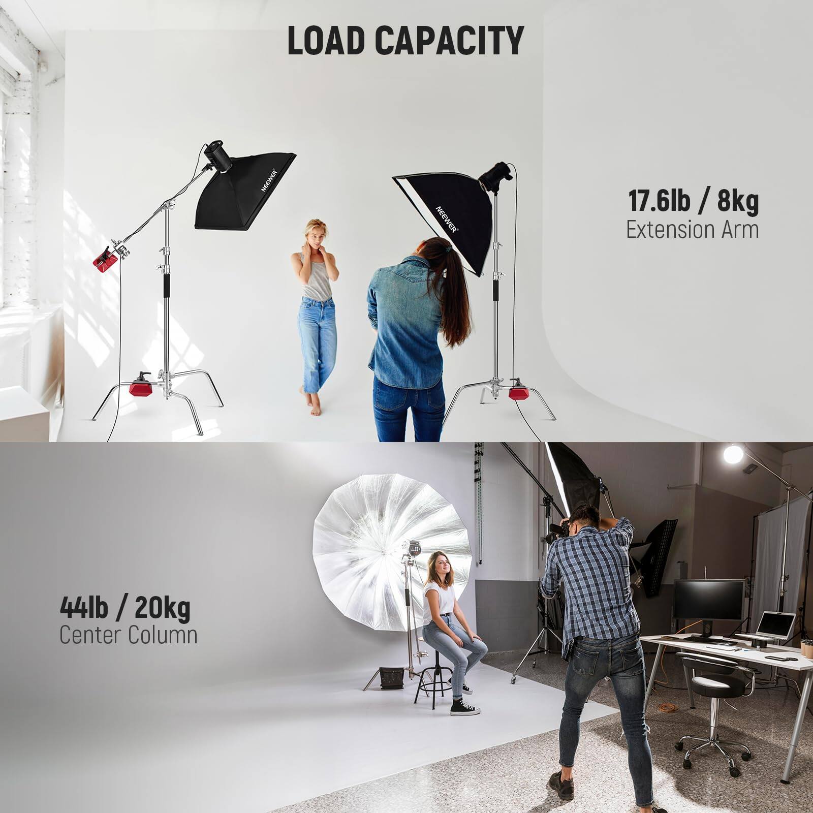 LOAD CAPACITY

- Extension Arm: 17.6lb / 8kg
- Center Column: 44lb / 20kg