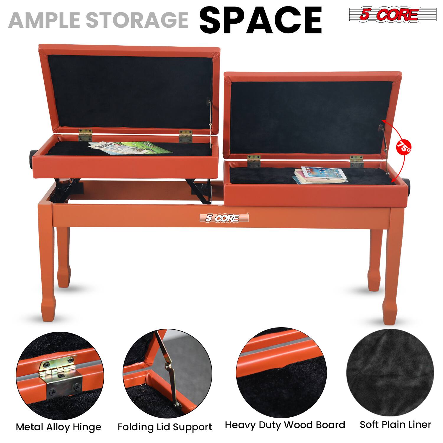 - AMPLE STORAGE SPACE
- 5 CORE
- Metal Alloy Hinge
- Folding Lid Support
- Heavy Duty Wood Board
- Soft Plain Liner