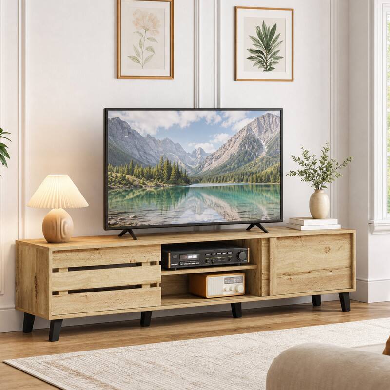 Angle. WELLFOR - Mid Century Modern TV Stand for 80 Inch TVs, Entertainment Center Media Console with Sliding Door Cabinets - Oak.