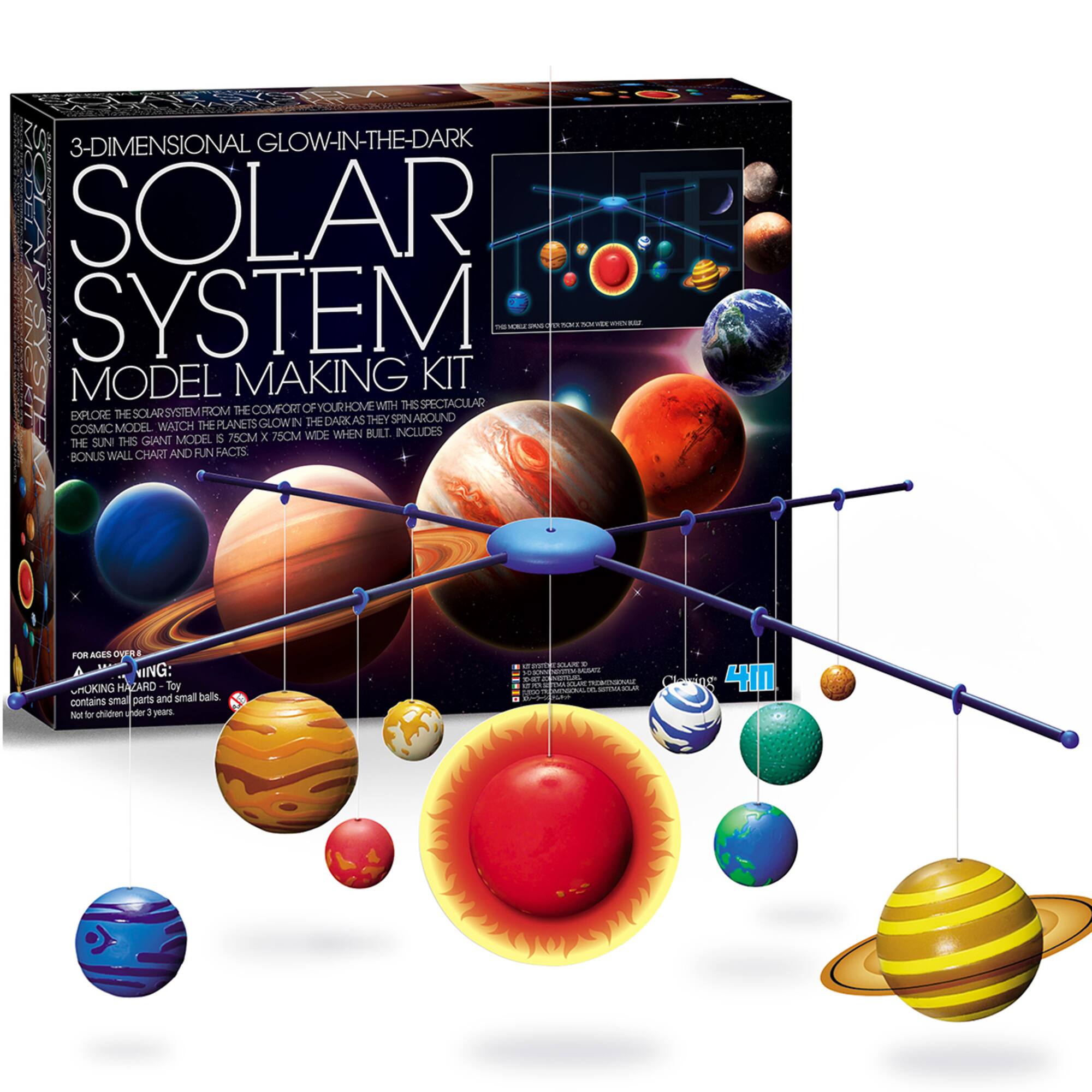 3-DIMENSIONAL GLOW-IN-THE-DARK SOLAR SYSTEM MODEL MAKING KIT

EXPLORE THE SOLAR SYSTEM FROM THE COMFORT OF YOUR HOME WITH THIS SPECTACULAR COSMIC MODEL. WATCH THE PLANETS GLOW IN THE DARK AS THEY SPIN AROUND. THIS GIANT MODEL IS 75CM X 75CM WIDE WHEN BUILT. INCLUDES BONUS WALL CHART AND FUN FACTS.

FOR AGES OVER 8

WARNING: CHOKING HAZARD - Toy contains small parts and small balls. Not for children under 3 years.

2. OPEN 4 PLANET CLINGS