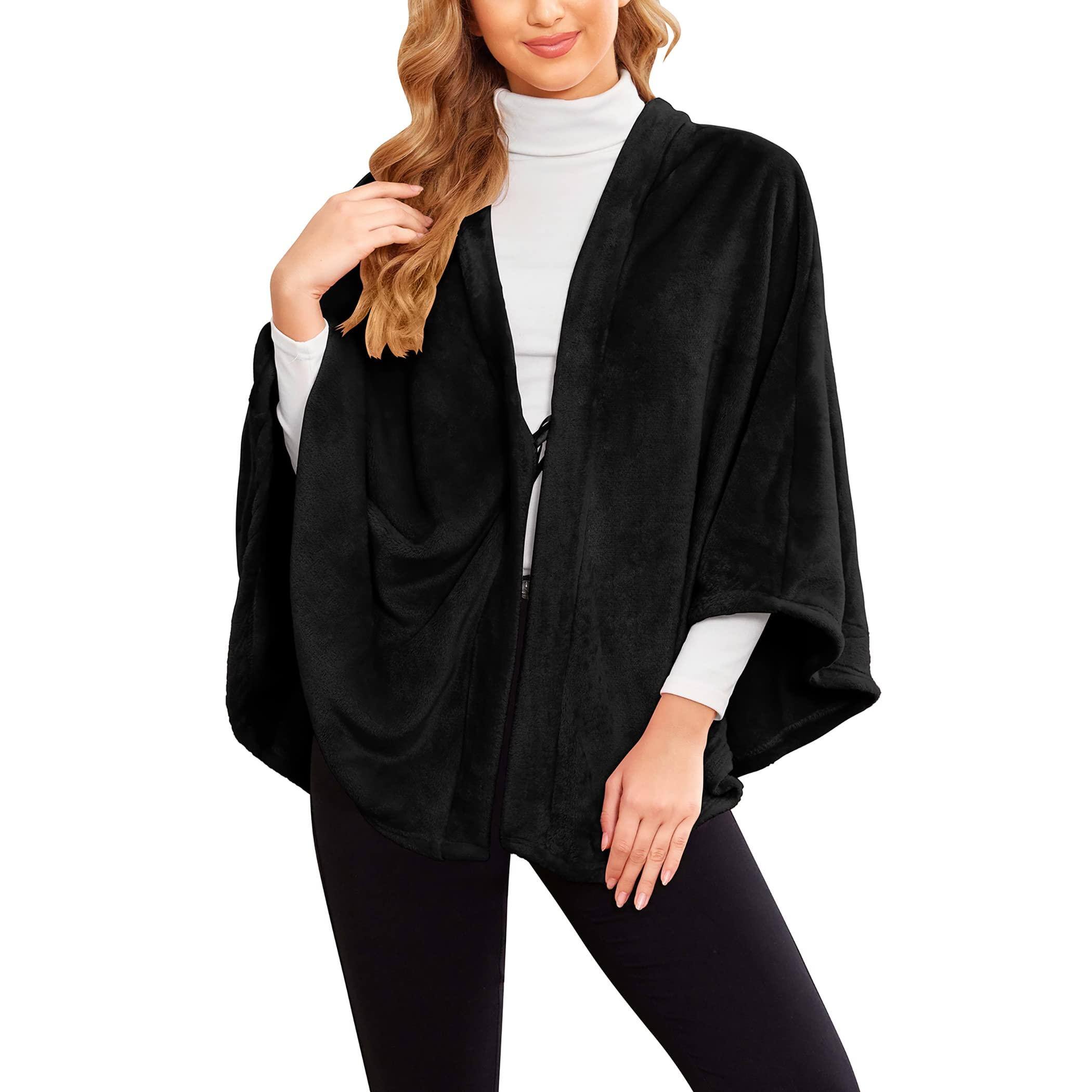 Alt View 6. Dapper Styles - Flannel Faux Poncho For Women Lightweigh Blanket Warm Tv Shawl Winter Coat Sweater Cape - A- Black-X-Large.