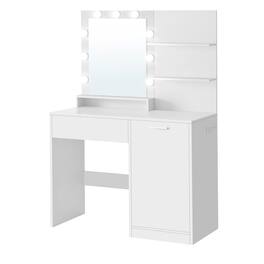 Songmics Home - Vanity Desk with Power Outlets and LED Lights, 35.4-Inch Wide Makeup Table with Mirror, Drawer and Cabinet, for Bedroom - Cloud White