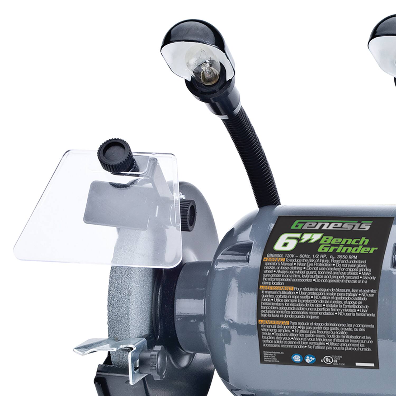 Genesis 6" Bench Grinder  
GB6000L 120V 60Hz 1/2 HP. 3550 RPM  
5 CRT

Torduce ce the Injury.  
Road and undentand apecatr Minua Woar Ee Protection Do FE wor nedie or bose olothing Do pOvES, not une cracked or wheel .  
Alnoys LEW Whon Quard lool vent and eye Ss Mie sure a ona fem EM surface nd proport secured Lise-anly the accessories 0de not apariate i the on in domp locaion AGEN Pour wick de in qe de blossure .  
manuel futlication k df Lhar OQL para nothingto_trscribe NO guarti corbaats i uer s NO utlice a quebrado a antilado m Utice a protoccin de is ruedas iE euds nothing_to_trscribe l banco bien de sobre una superficie nivoldo Usar Es accesorios recomendados NO bajp AMaN donde UbEr i pueda mgore AR  
Para reducir e resgo de manul del losionare ks comprenda aper