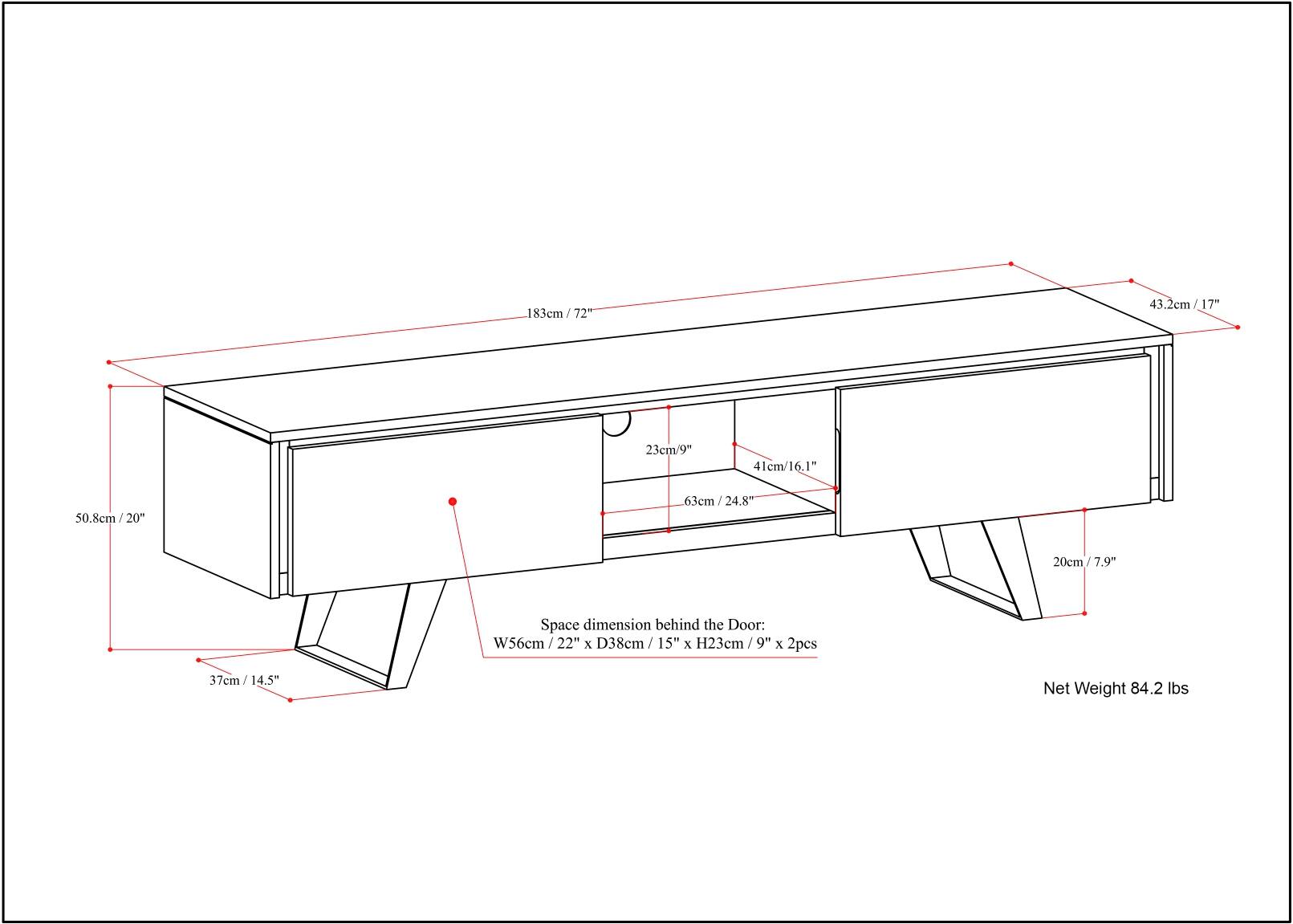 The text on the image is grouped and corrected as follows:

1. 183cm J 72 43.2cm 17" 23cm/9" 41cm/16,1" 50.8cm/20" 20" 63cm/24.8" / 20cm 7.9"
2. Space dimension behind the Door: W56cm/ 22" x D38cm/ 15" 15" x H23cm 9" x 2pcs 37cm/14.5"
3. Net Weight 84.2 lbs