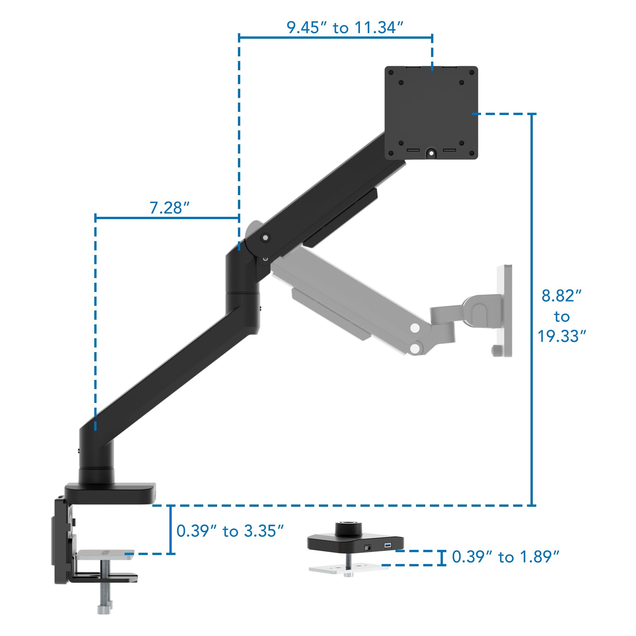 9.45" to 11.34"  
7.28"  
8.82" to 19.33"  
0.39" to 3.35"  
0.39" to 1.89"