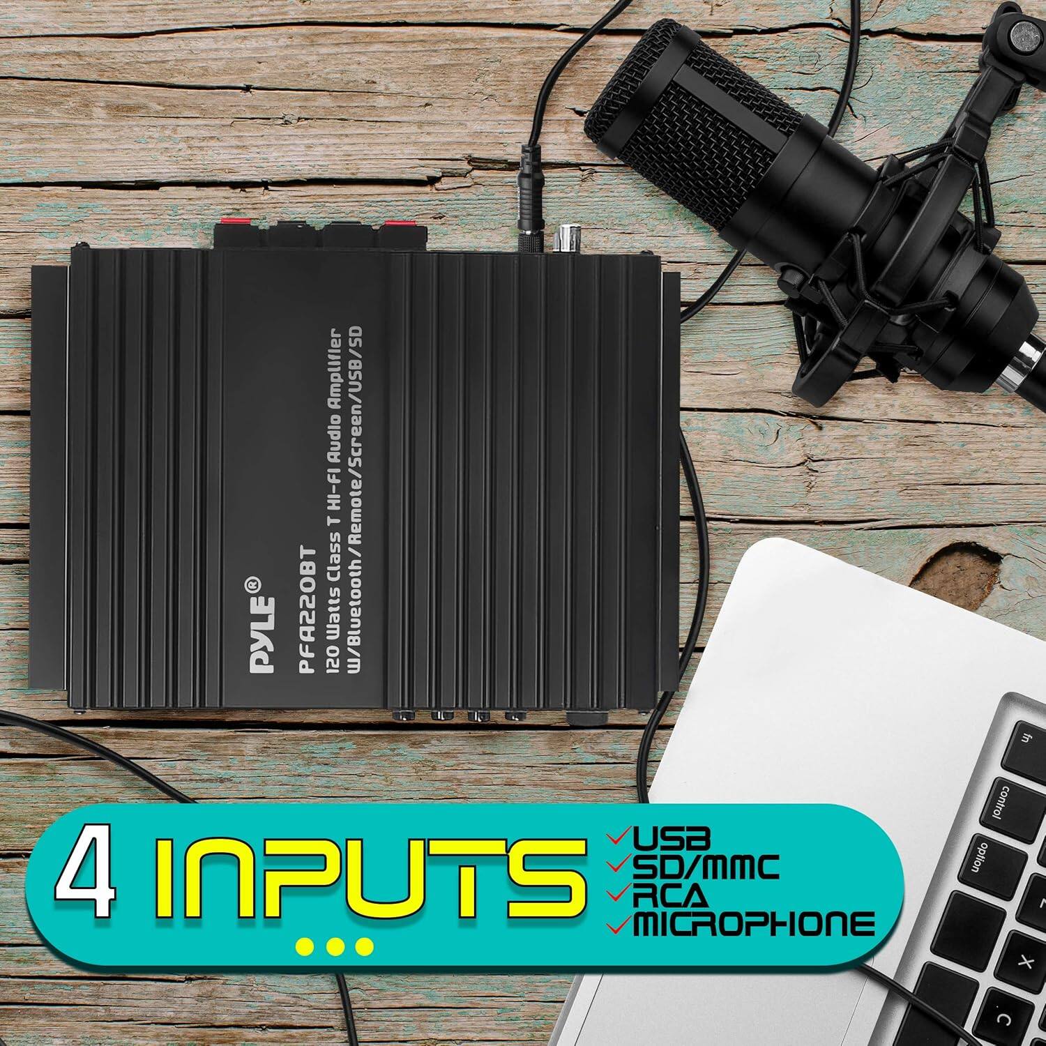 Amplifier Audio HI-FI / Bluetooth / Remote / Screen / USB / SC T Class O PYLE PF220BT 120 Watts W/ Bluetooth / USB 4 INPUTS SD/MMC RCA MICROPHONE

4 INPUTS...

USB
SD/MMC
RCA
MICROPHONE