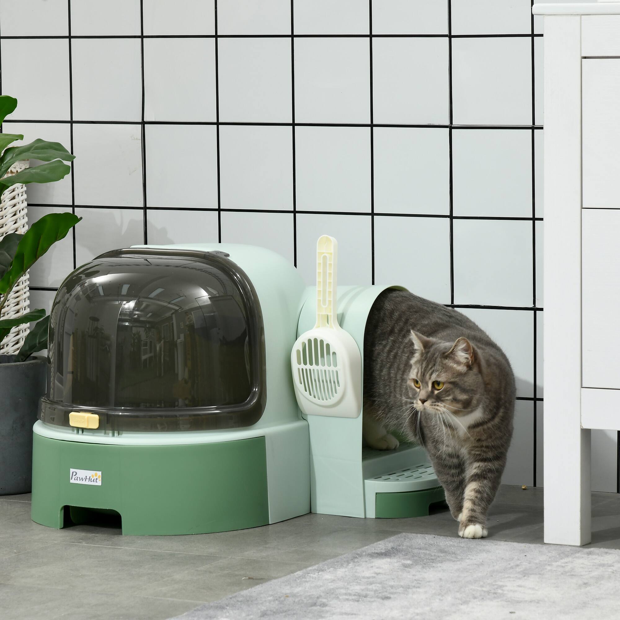 Alt View 4. Pawhut - Cat Litter Box with Lid, Covered Litter Box, Easy to Clean & Open Including Openable Front Cover, Litter Scoop - Green.