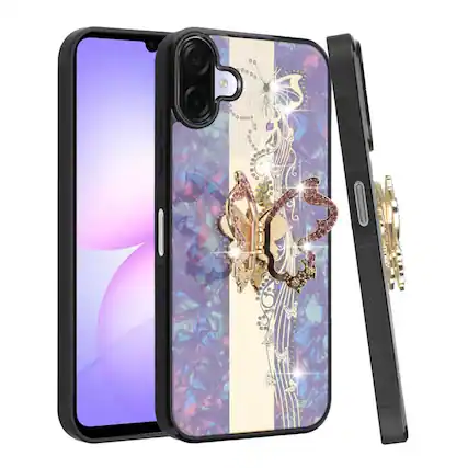 Front. Kitcheniva - Enchanted Butterfly Rhinestone Glitter Phone Cover Phone Case With Ring Stand Tempered Glass For Samsung Galaxy A07 Purp - Purple.