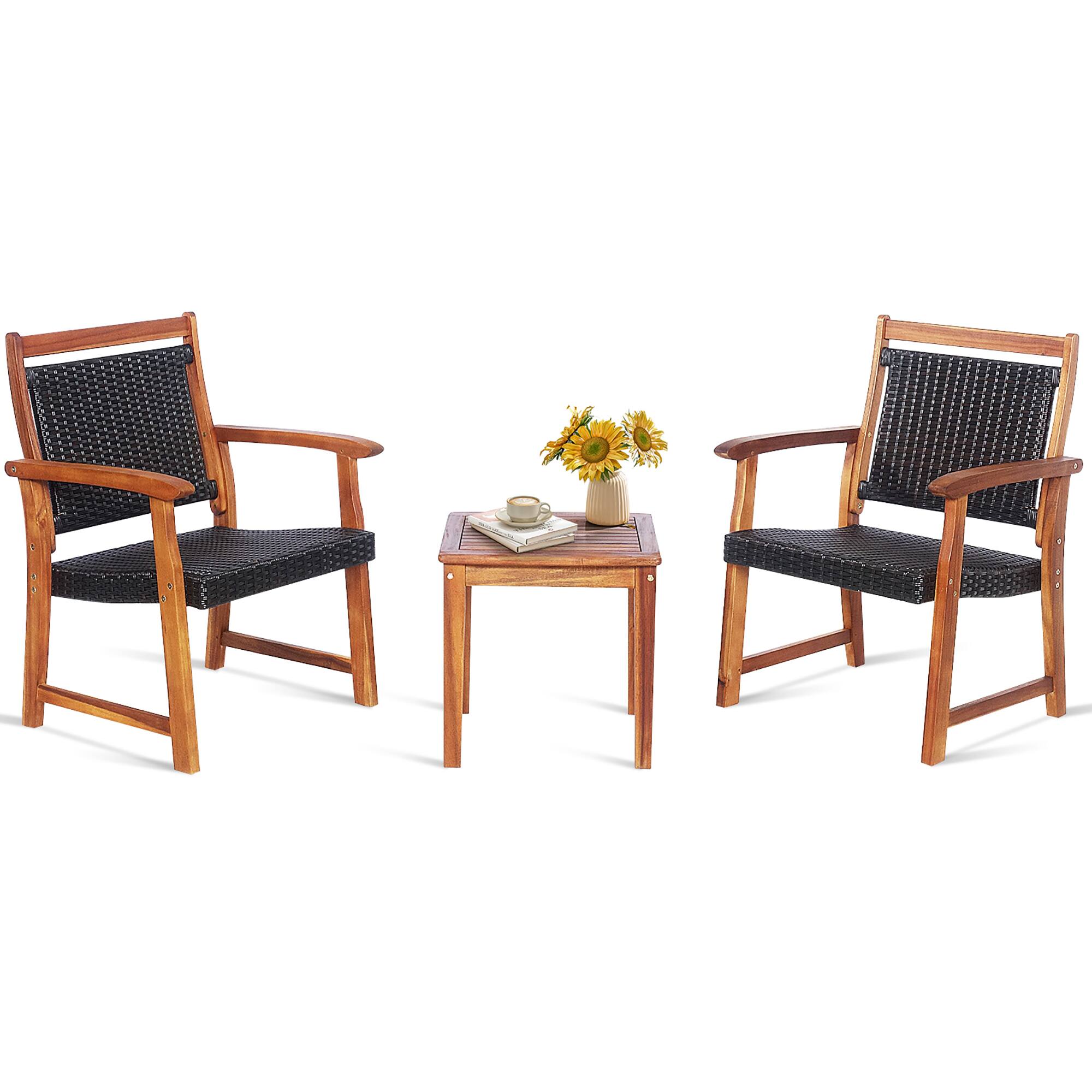Alt View 7. Costway - Costway 3PCS Patio Rattan Bistro Set Acacia Wood Frame Armrest Chairs Garden - Reddish Brown.