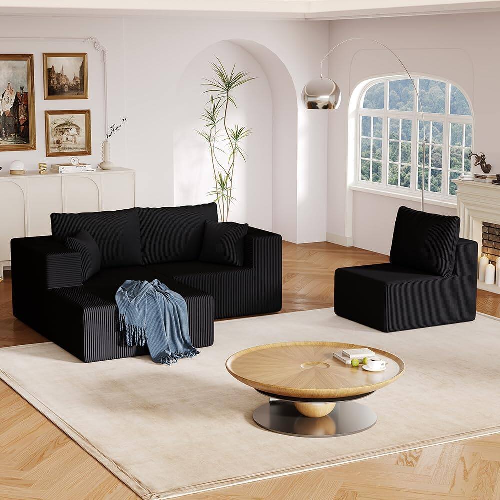 Alt View 5. Trinkets Crazed - 108.3in Sectional Foam Couch, Corduroy Fabric L Shape Sofa with Chaise Lounge - black.