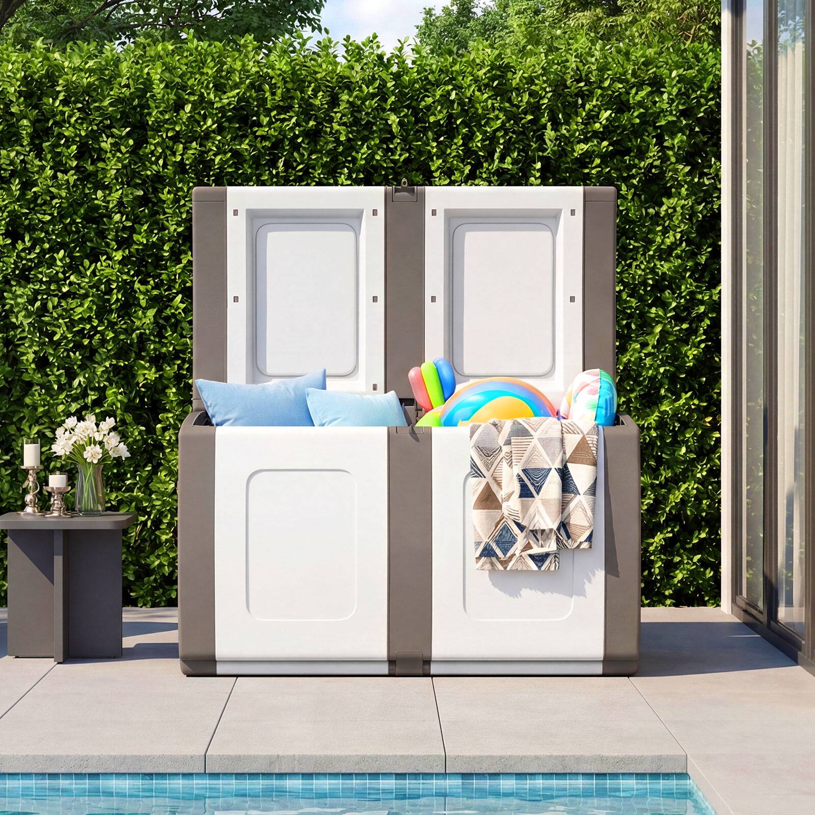 Alt View 4. Gymax - Gymax Deck Box Patio Container w/ Lockable Lid Weatherproof Plastic Storage Bin Beige & White - Brown.