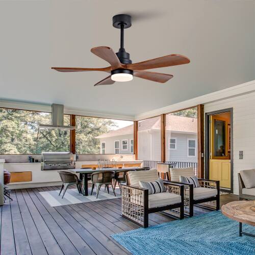 Front. LUCKY ONE - 42" Outdoor Ceiling Fan with Light Remote 5 Wood Blades DC Motor - Antique Black.